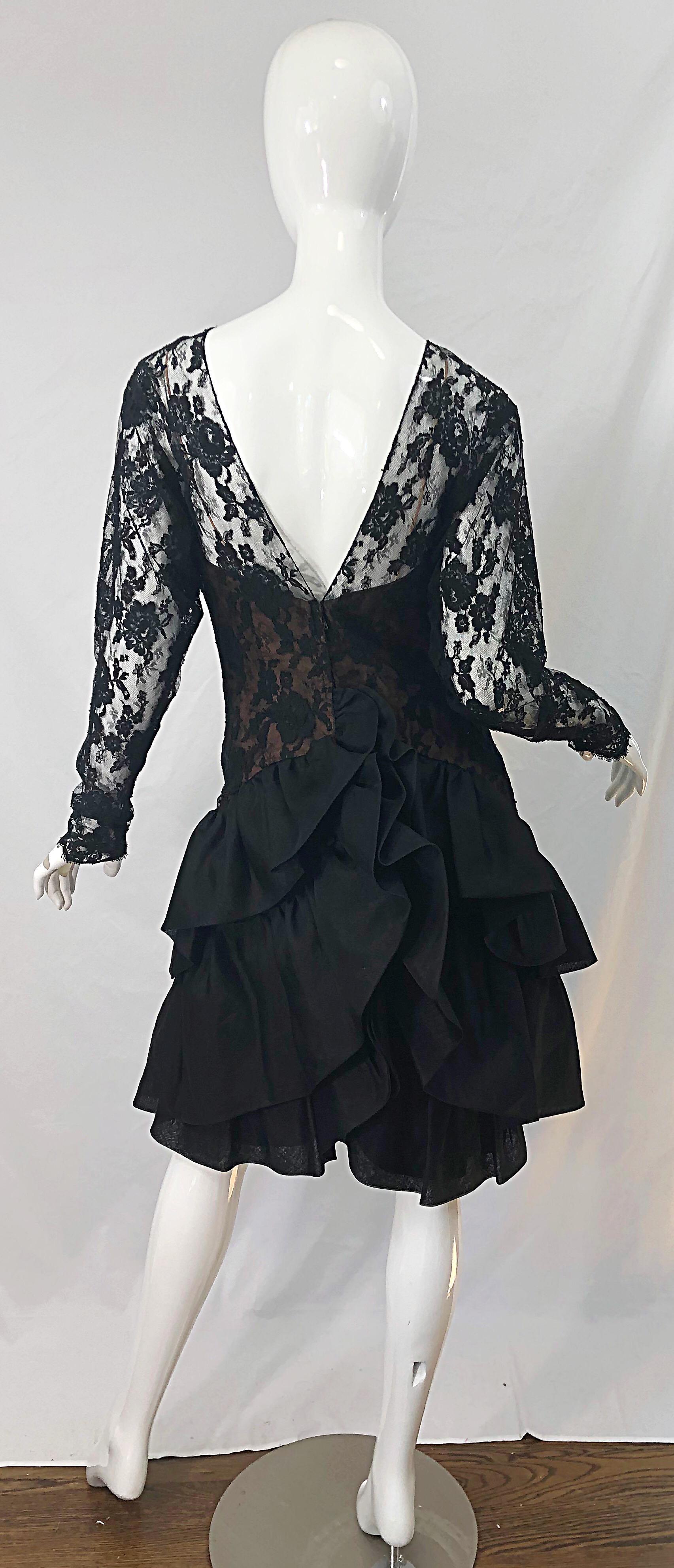 1980s Jill Richards Black + Nude Silk Chiffon French Lace Vintage 80s Dress For Sale 1