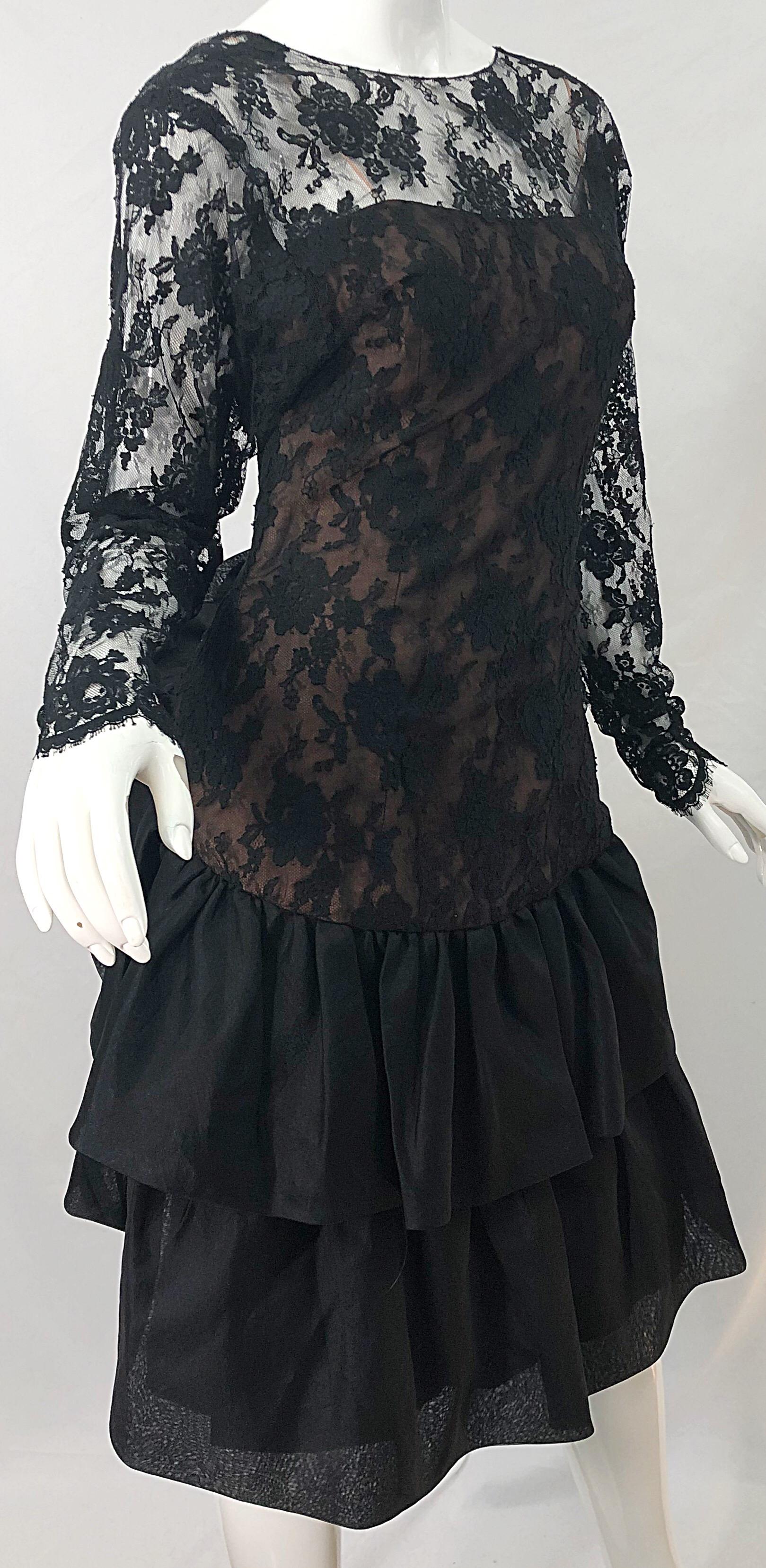 1980s Jill Richards Black + Nude Silk Chiffon French Lace Vintage 80s Dress For Sale 2