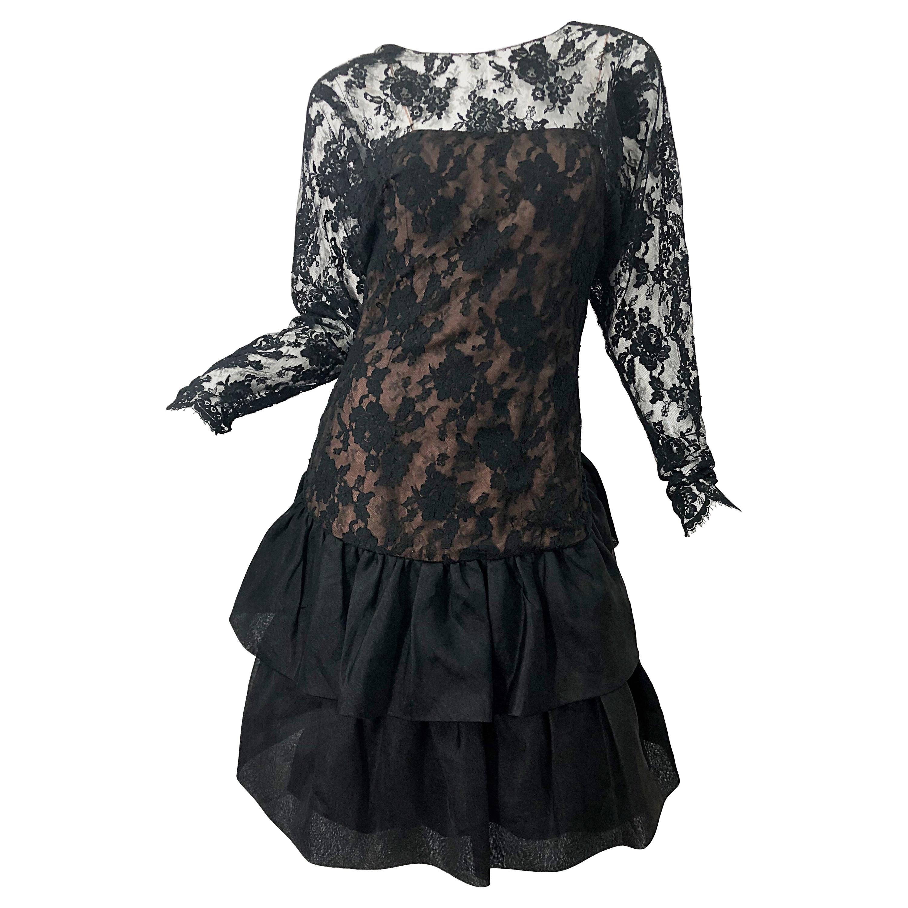 1980s Jill Richards Black + Nude Silk Chiffon French Lace Vintage 80s Dress For Sale