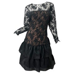 1980s Jill Richards Black + Nude Silk Chiffon French Lace Retro 80s Dress