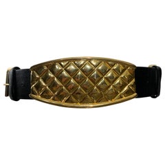 1980s Jill Stuart Gold-Tone "Quilted" Metal Cummerbund Belt w Leather Straps