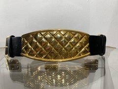 1980s Jill Stuart Gold-Tone "Quilted" Metal Cummerbund Belt w Leather Straps