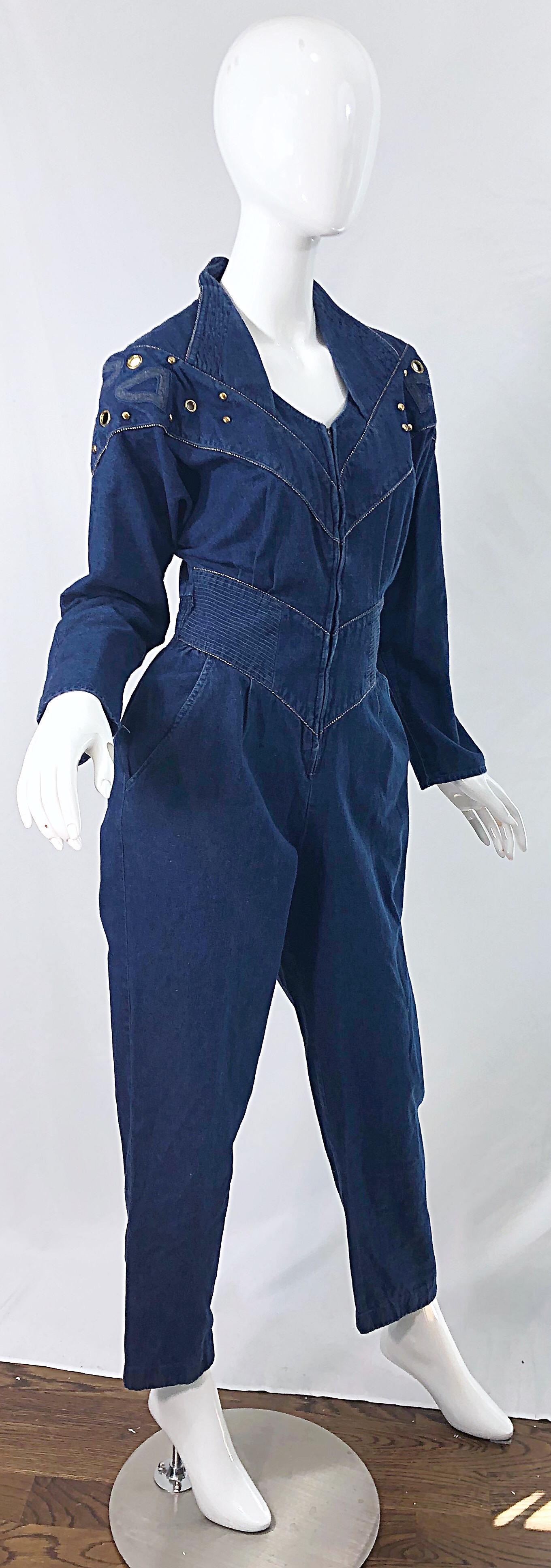 1980s Jillian Arthur Blue Jean Avant Garde Grommett Beaded Vintage 80s Jumpsuit For Sale 3