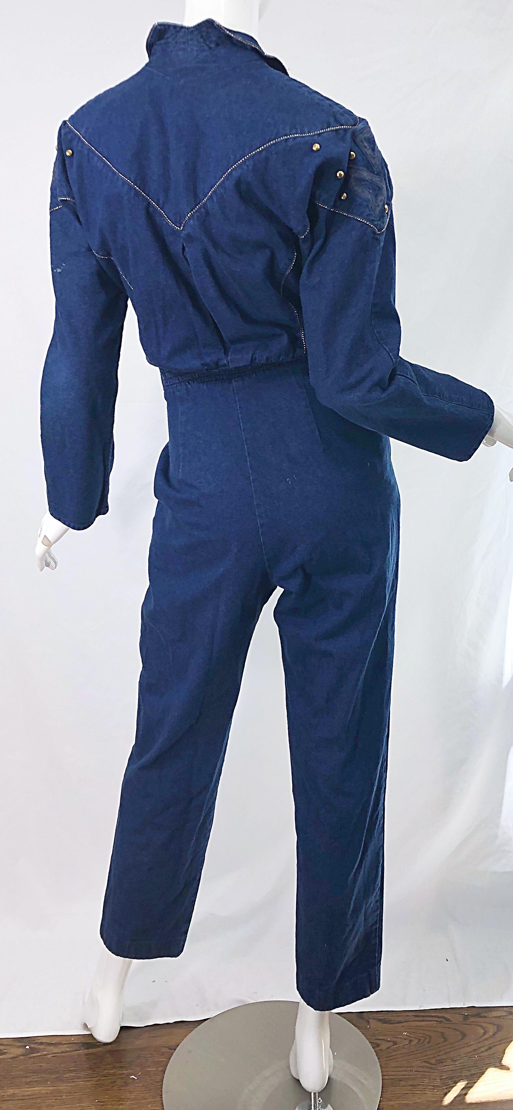 1980s Jillian Arthur Blue Jean Avant Garde Grommett Beaded Vintage 80s Jumpsuit For Sale 4