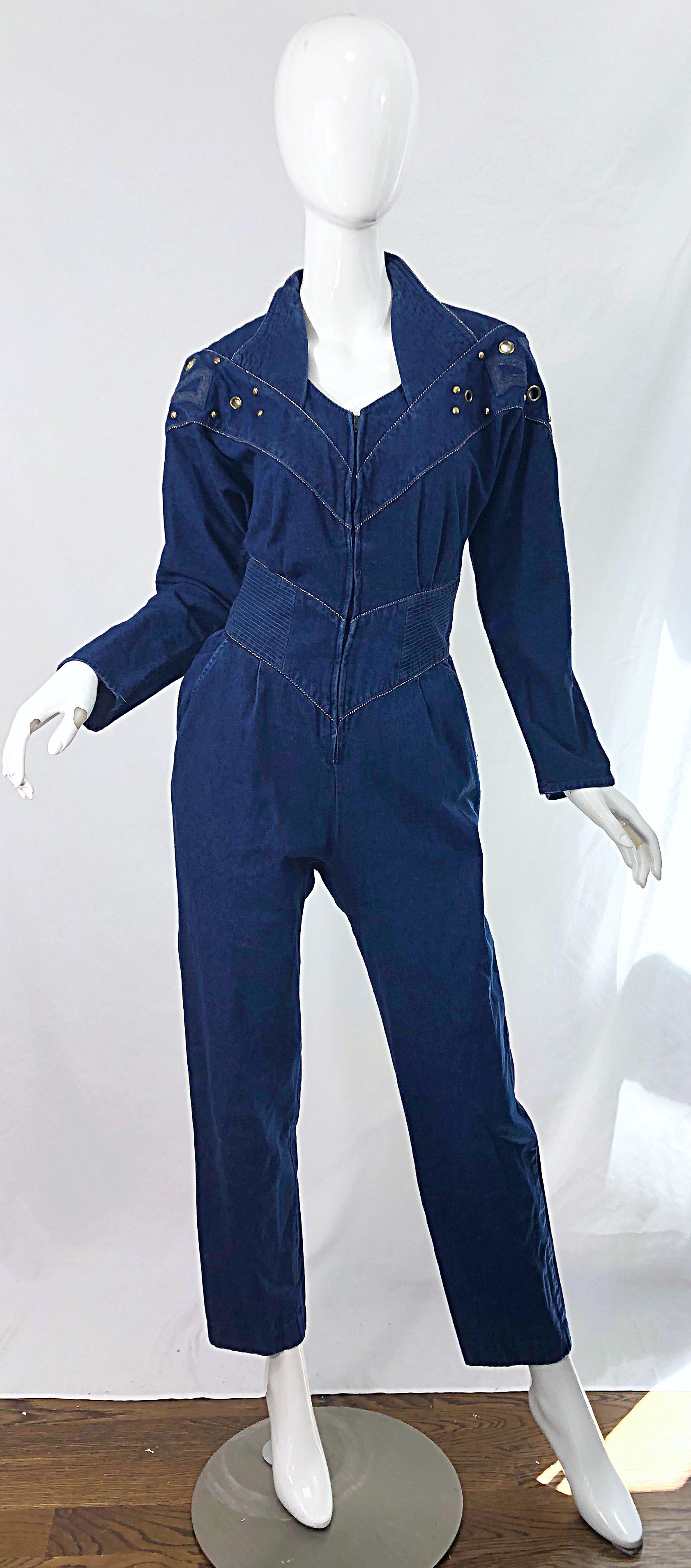 1980s Jillian Arthur Blue Jean Avant Garde Grommett Beaded Vintage 80s Jumpsuit For Sale 5
