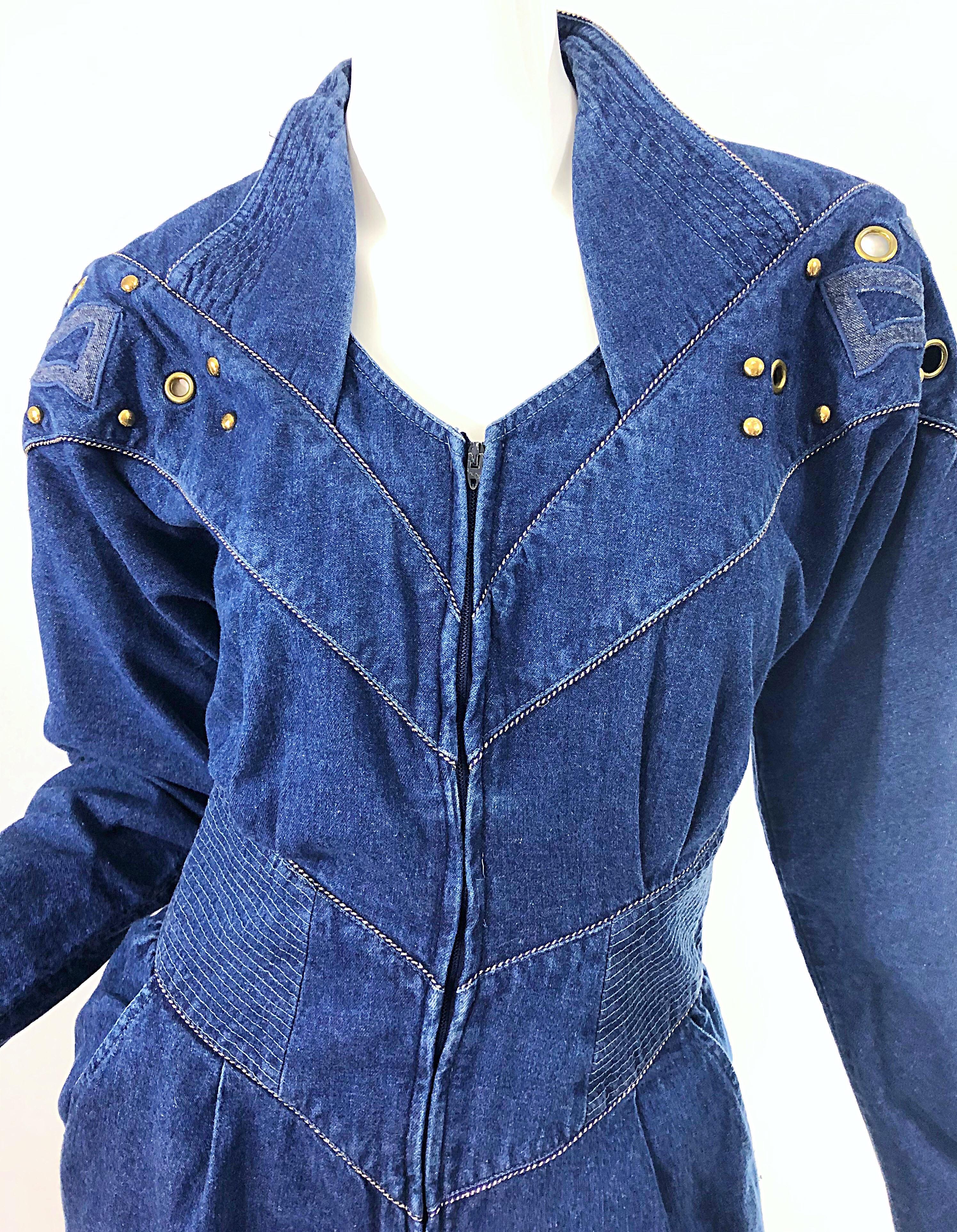 1980er Jillian Arthur Blauer Jeans-Overall mit Avantgarde-Perlenbesatz im Vintage-Stil der 80er Jahre im Zustand „Hervorragend“ im Angebot in San Diego, CA
