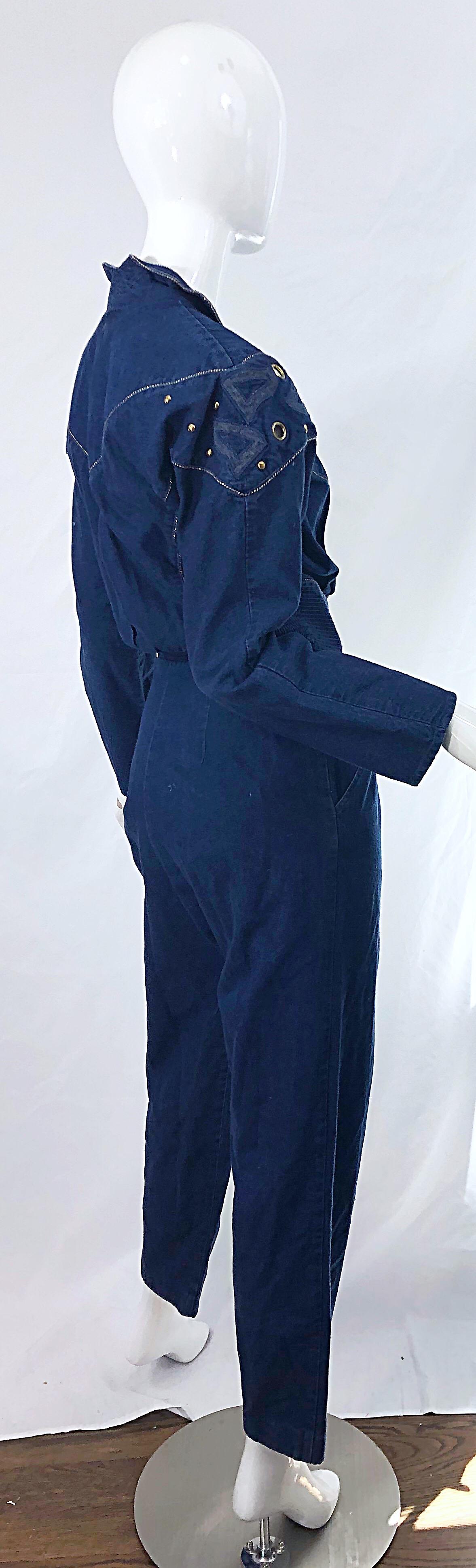 Women's 1980s Jillian Arthur Blue Jean Avant Garde Grommett Beaded Vintage 80s Jumpsuit For Sale