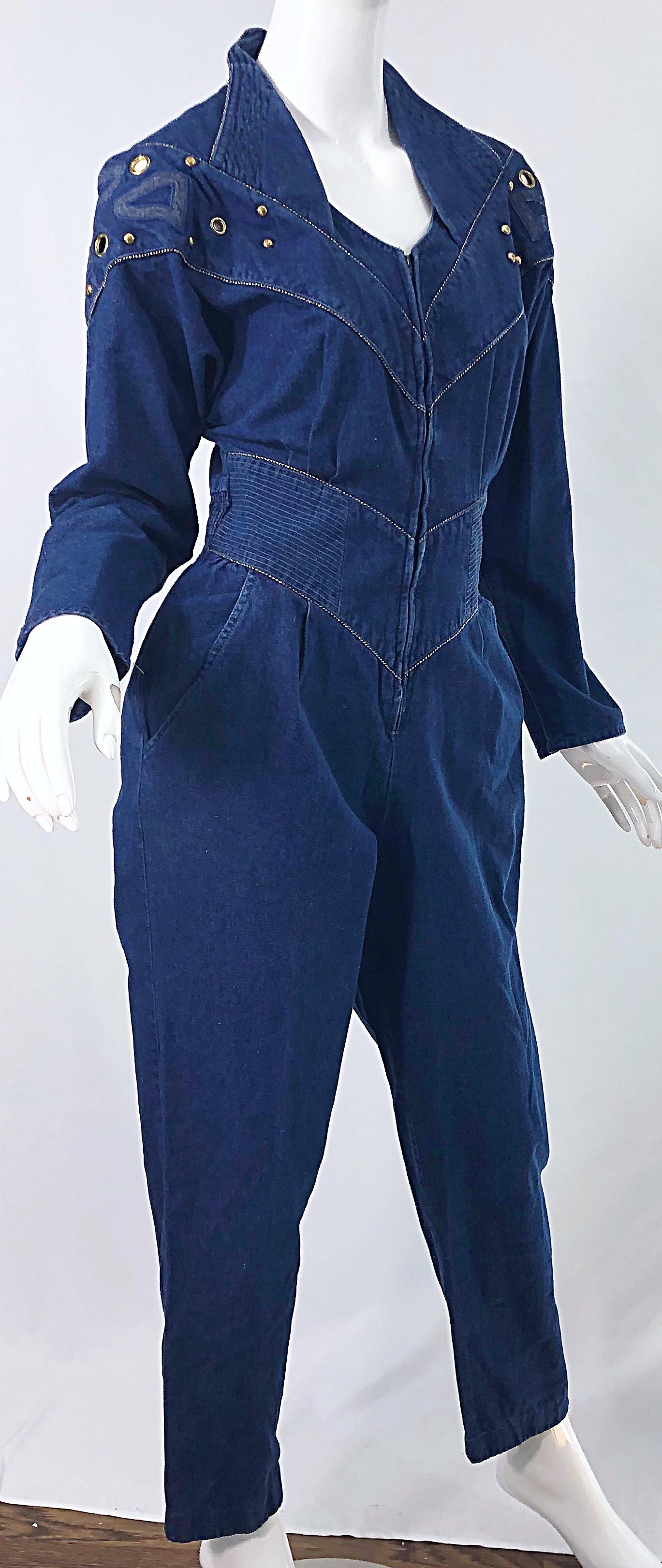1980s Jillian Arthur Blue Jean Avant Garde Grommett Beaded Vintage 80s Jumpsuit For Sale 1