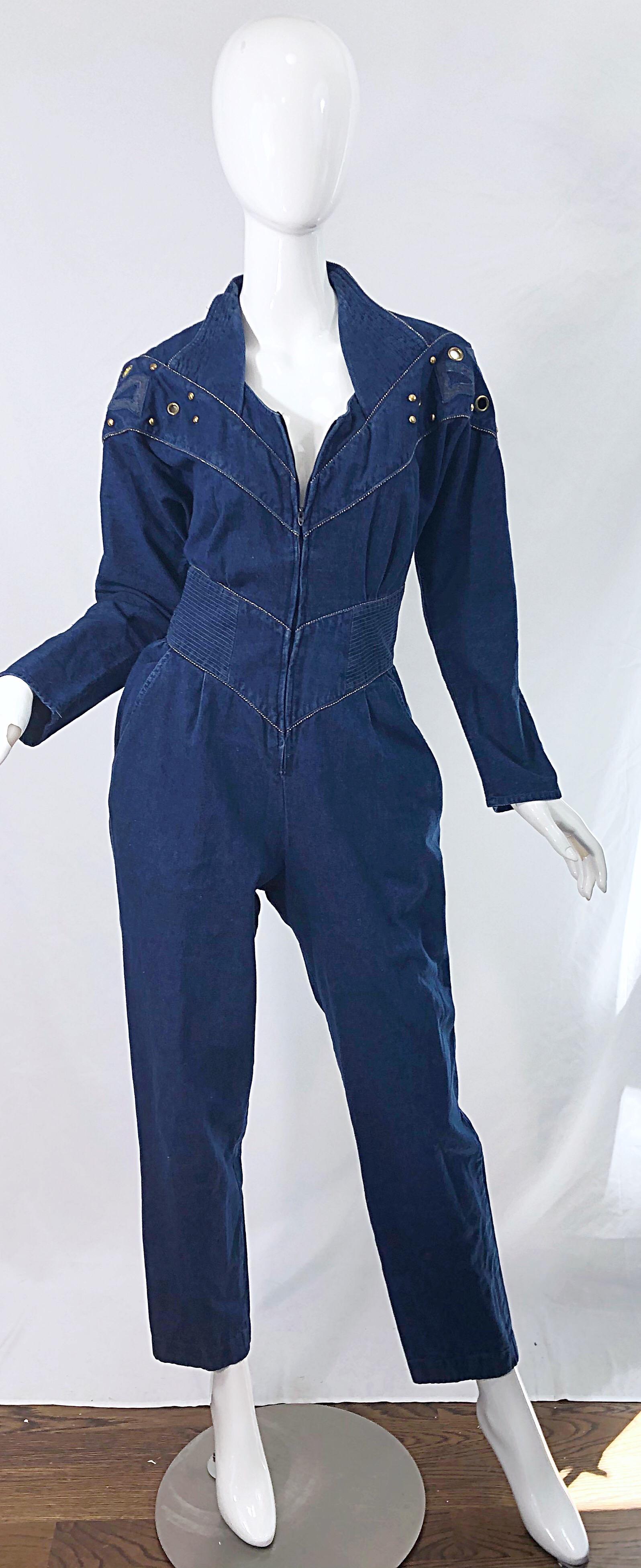 1980s Jillian Arthur Blue Jean Avant Garde Grommett Beaded Vintage 80s Jumpsuit For Sale 2
