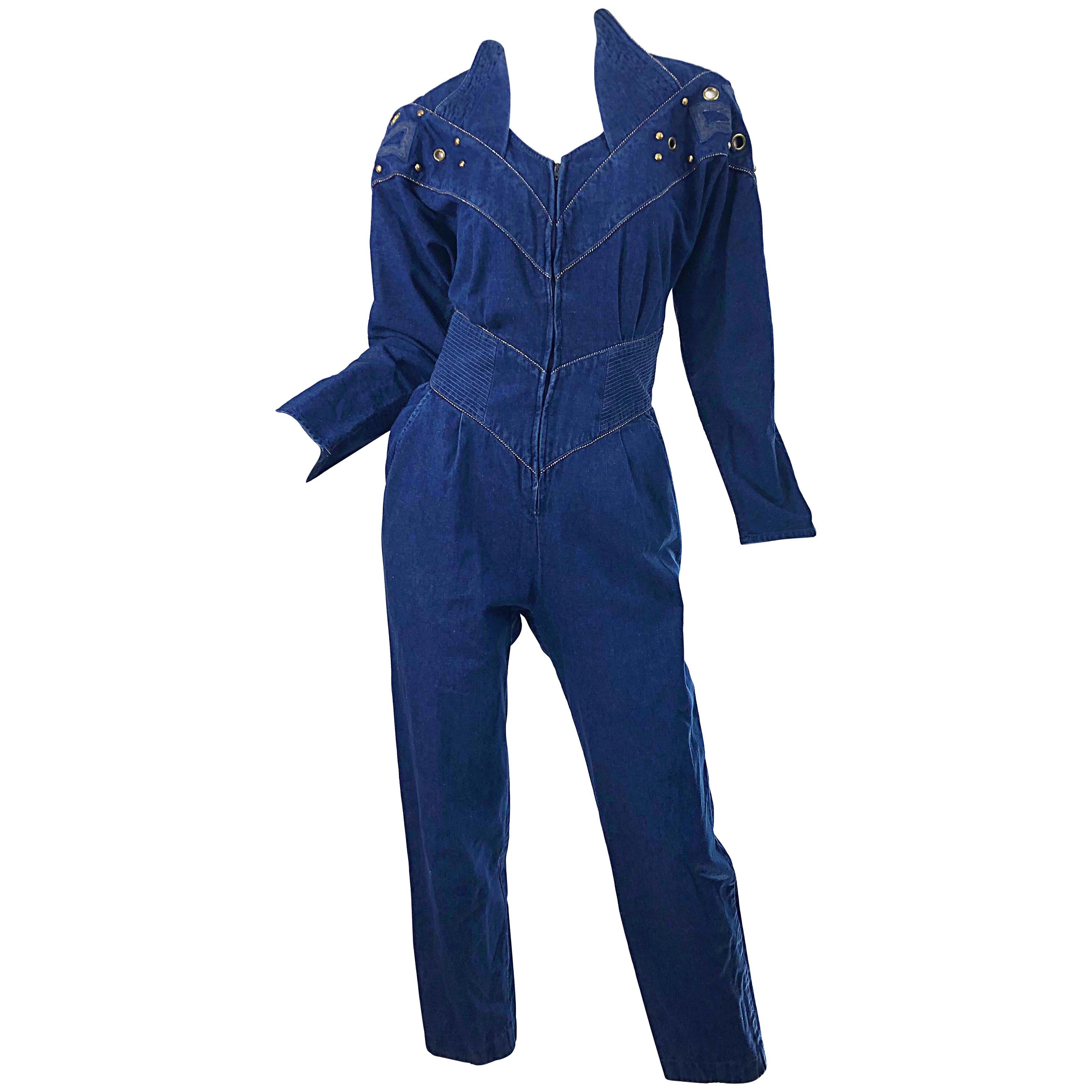 1980s Jillian Arthur Blue Jean Avant Garde Grommett Beaded Vintage 80s Jumpsuit For Sale