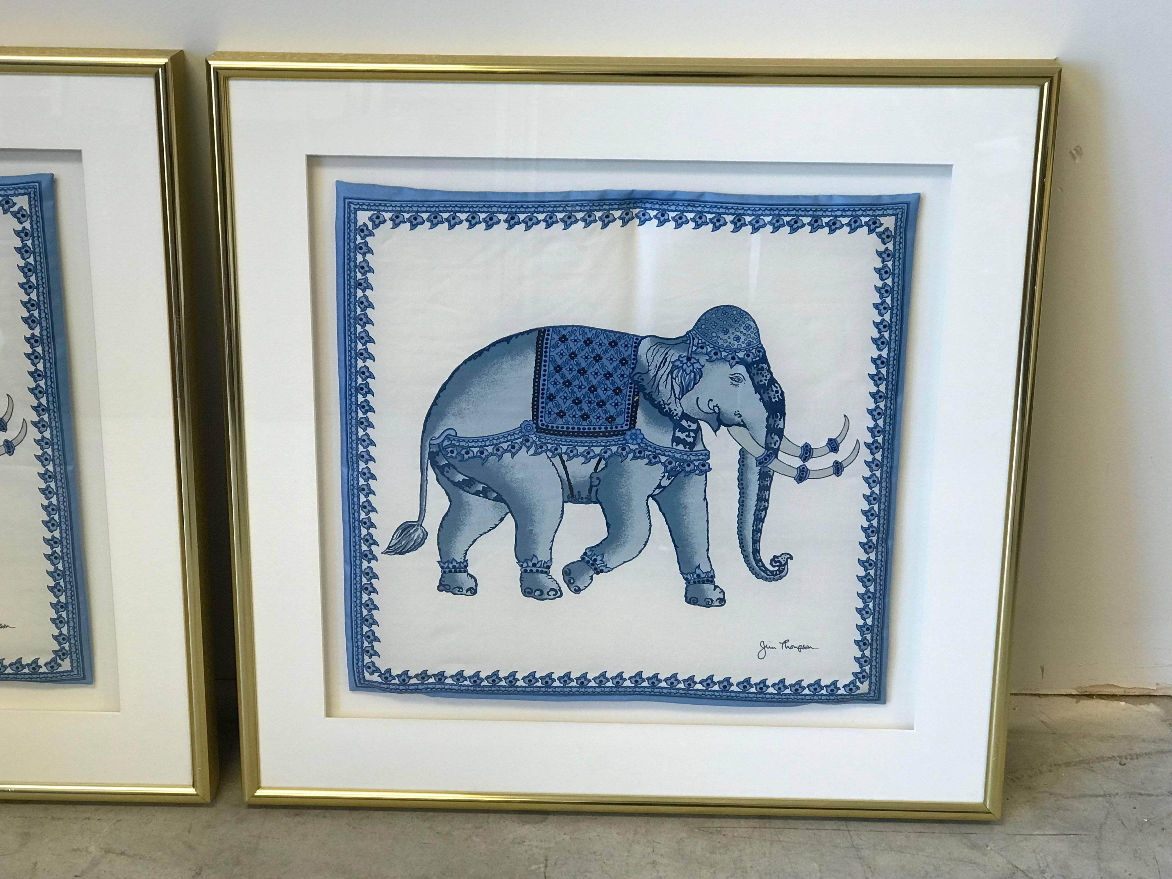Offered is a stunning, pair of 1980s Jim Thompson framed pillow cases. The pair has a lovely, identical blue and white elephant on each. Professionally framed.