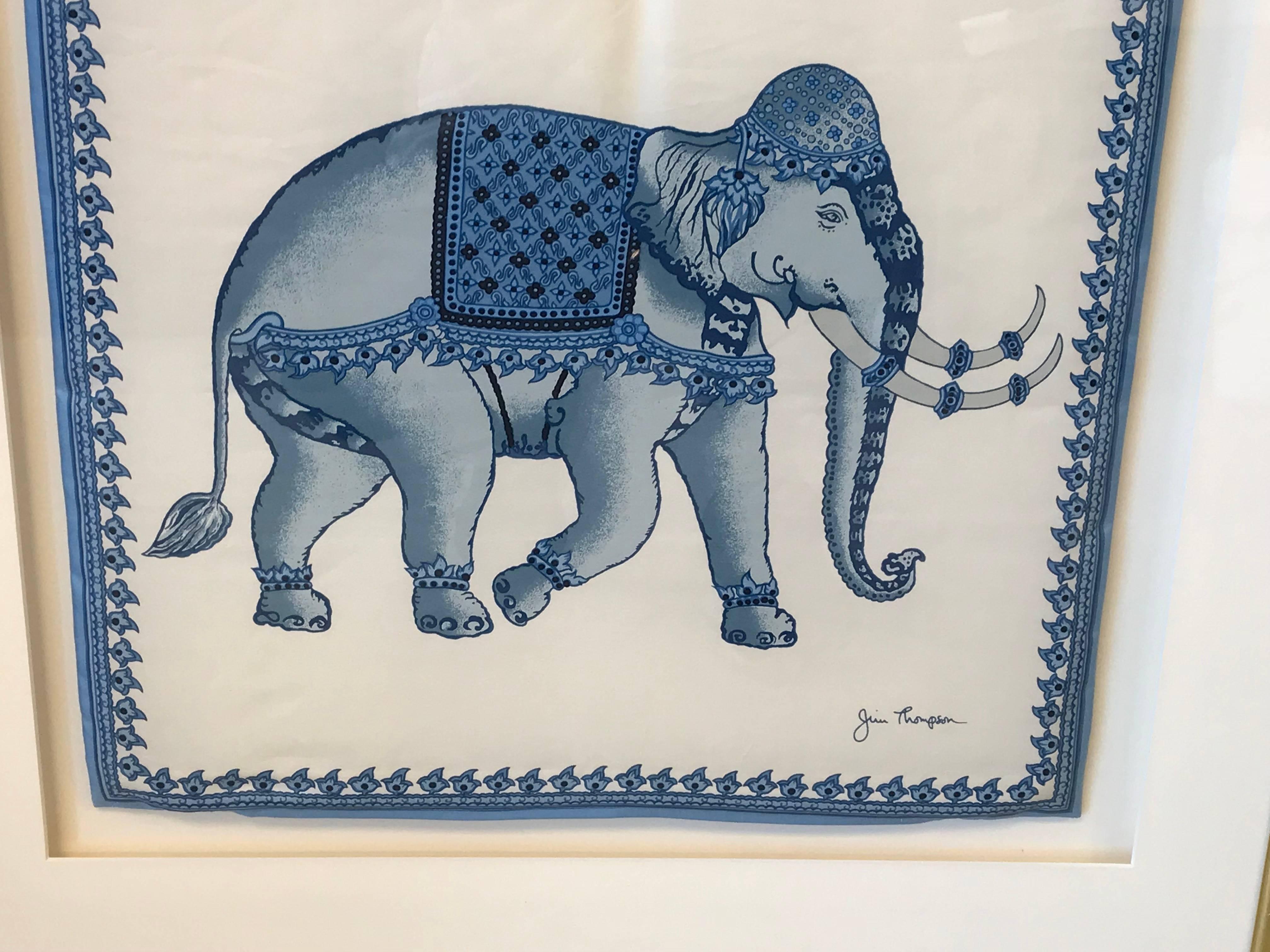 1980s Jim Thompson Blue and White Elephant Framed Silk Pillows, Pair In Excellent Condition In Richmond, VA