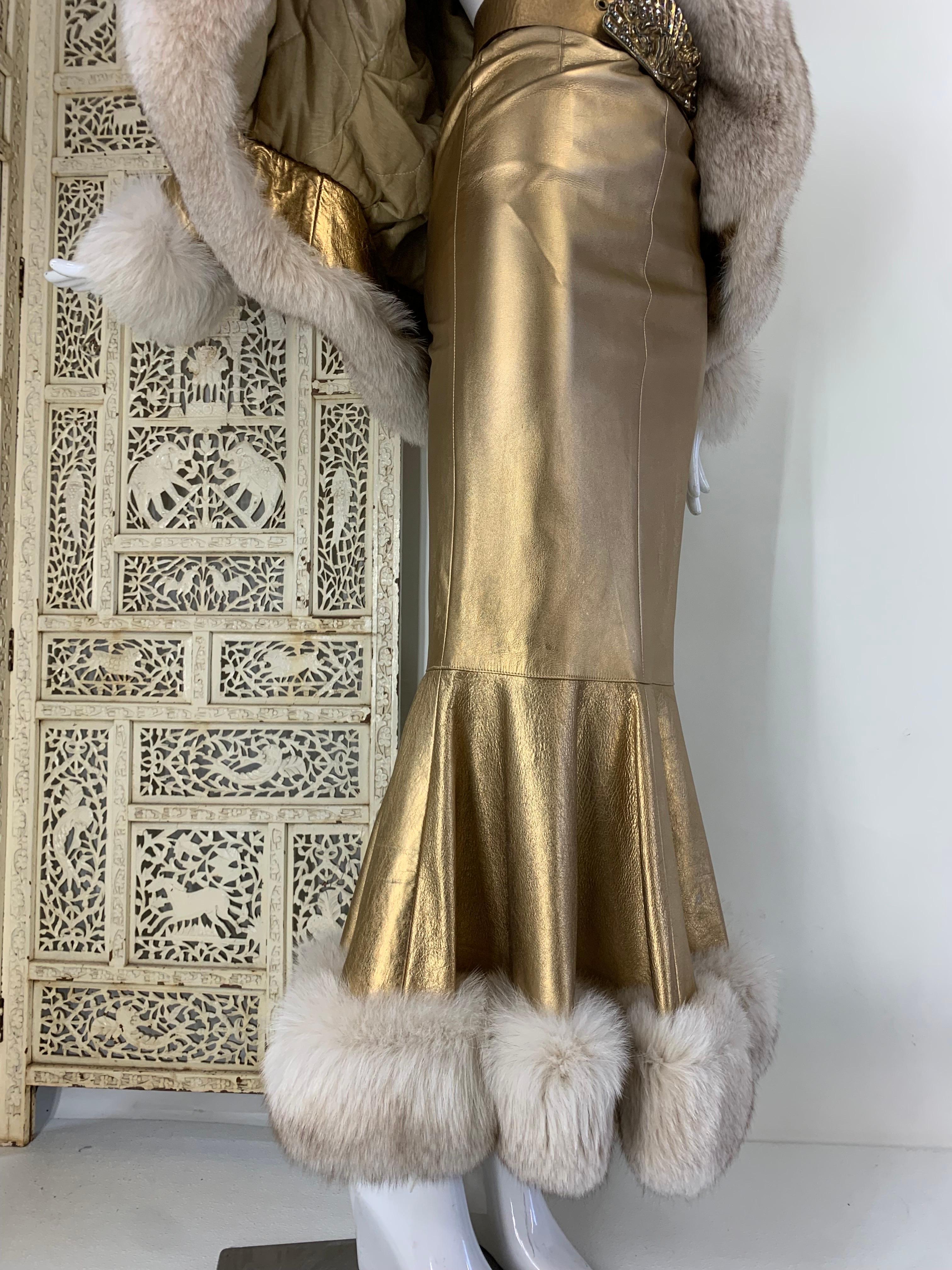 1980s Jitrois Matte Gold Leather Fishtail Skirt & Cocoon Coat Edged in Lush Fox  6