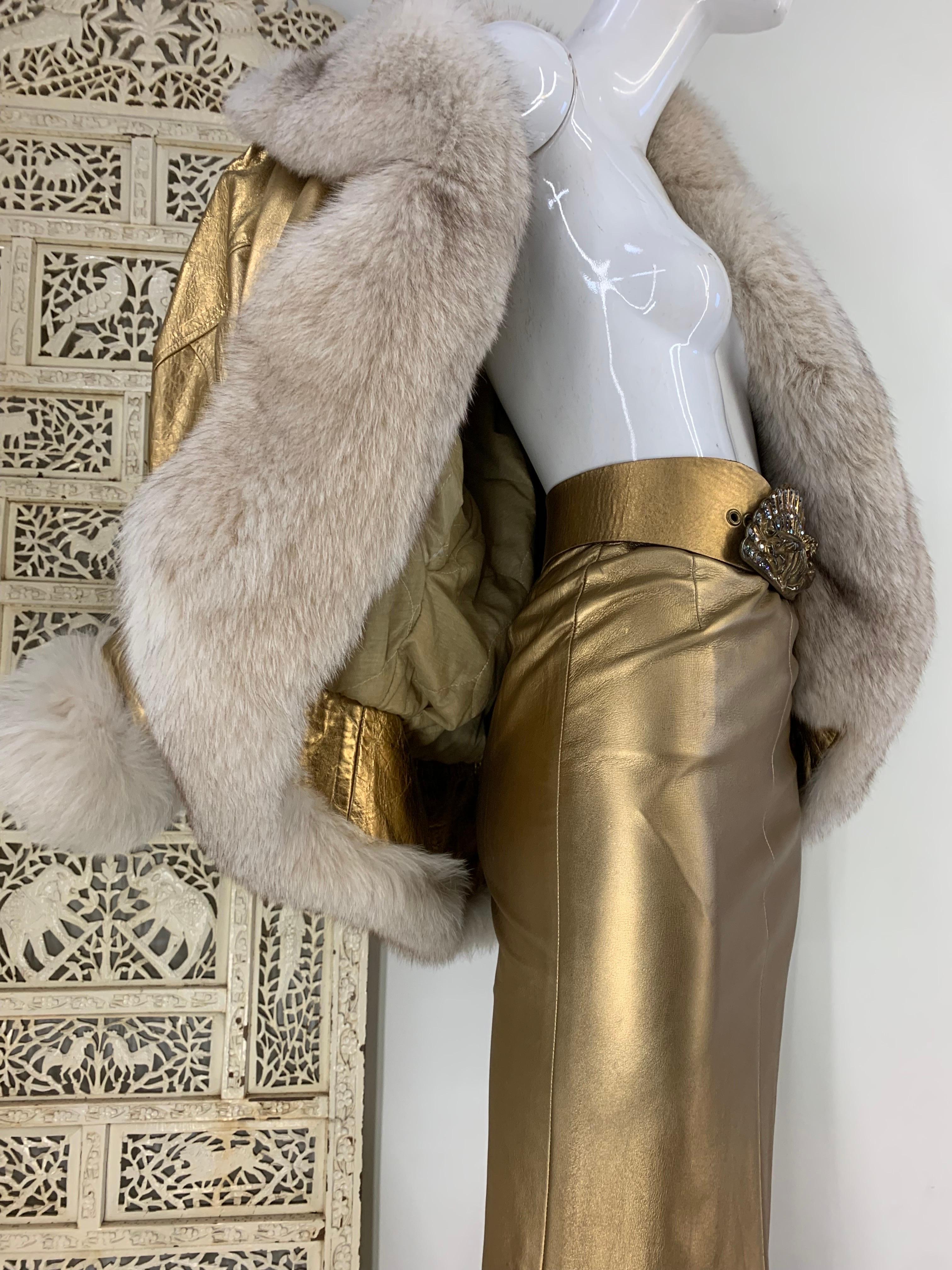 1980s Jitrois Matte Gold Leather Fishtail Skirt & Cocoon Coat Edged in Lush Fox  7