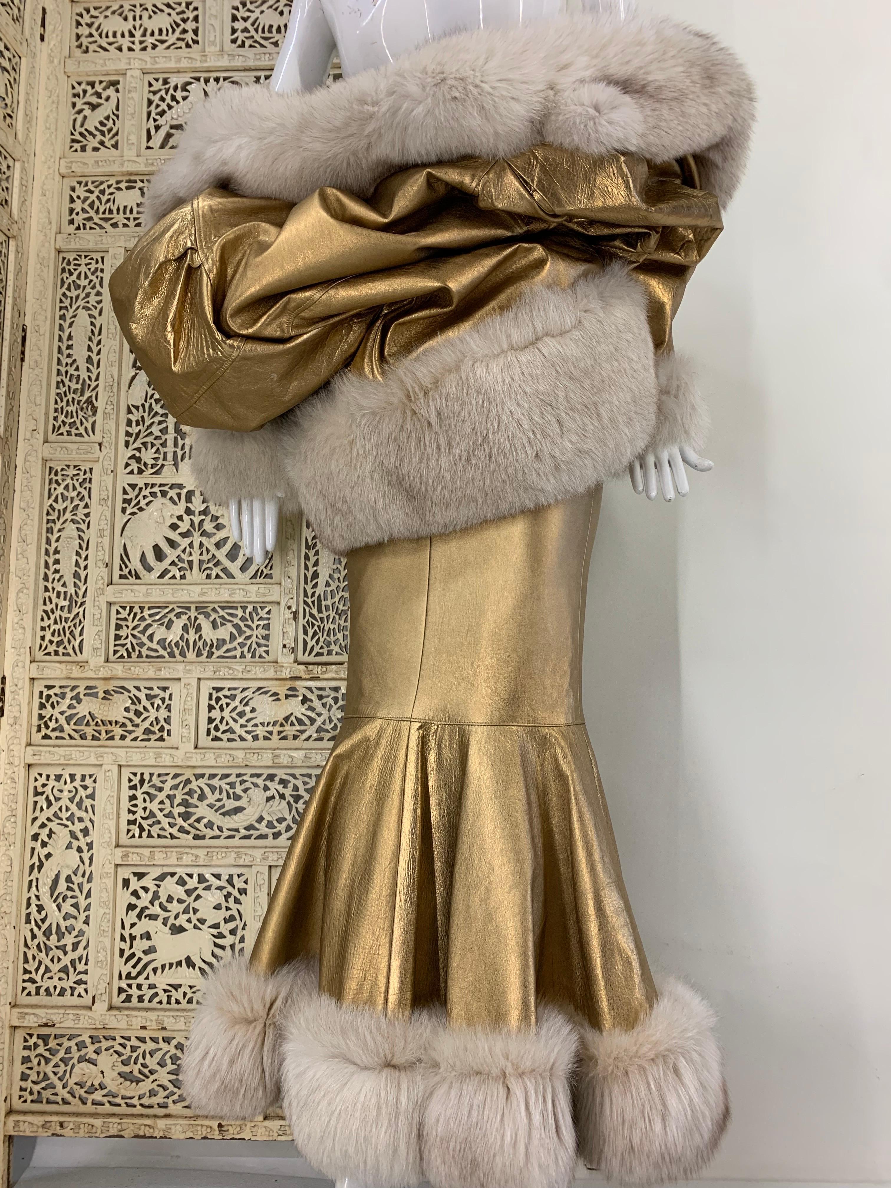 1980s Jitrois Matte Gold Leather Fishtail Skirt & Cocoon Coat Edged in Lush Fox  8