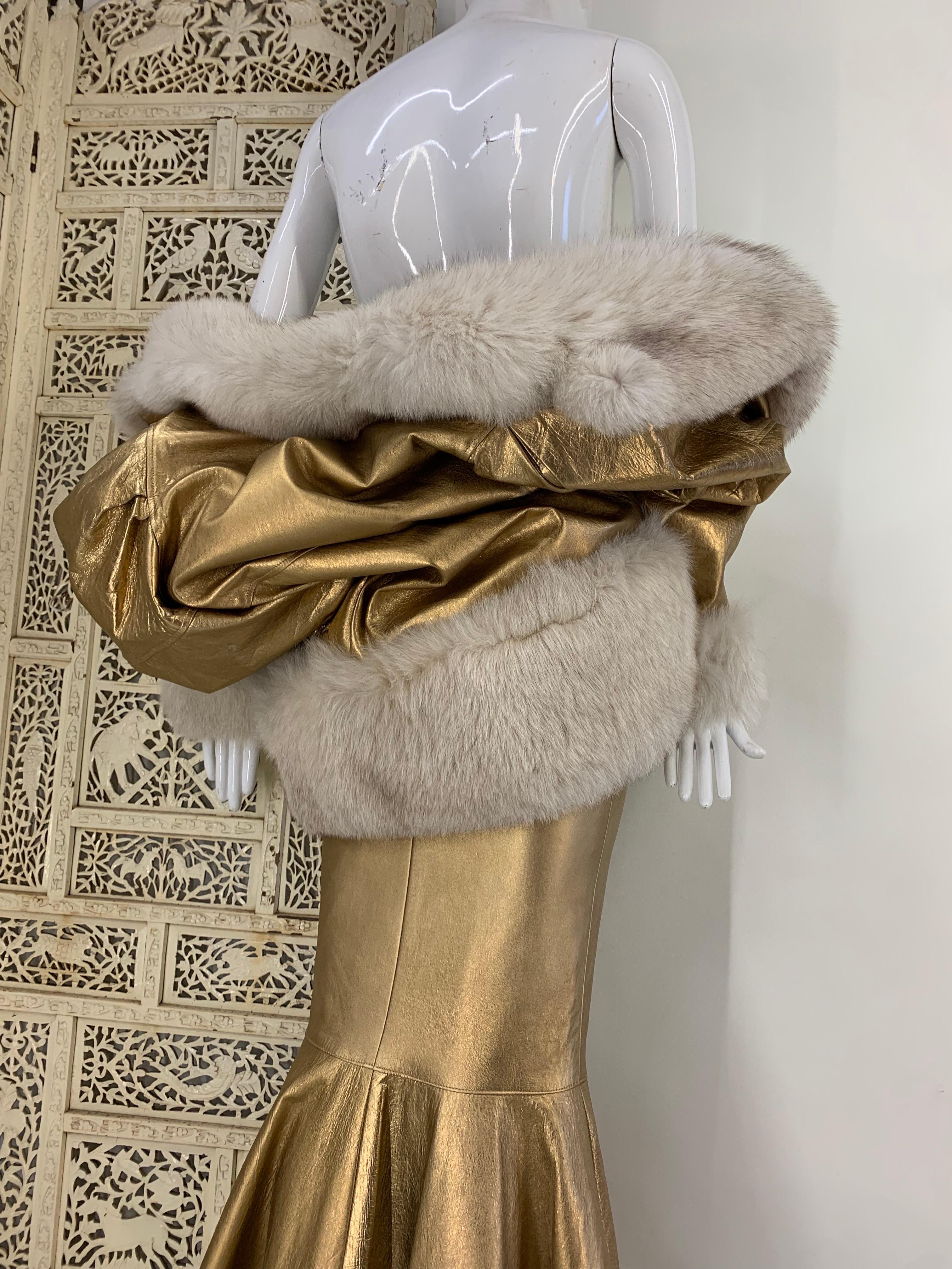1980s Jitrois Matte Gold Leather Fishtail Skirt & Cocoon Coat Edged in Lush Fox 9