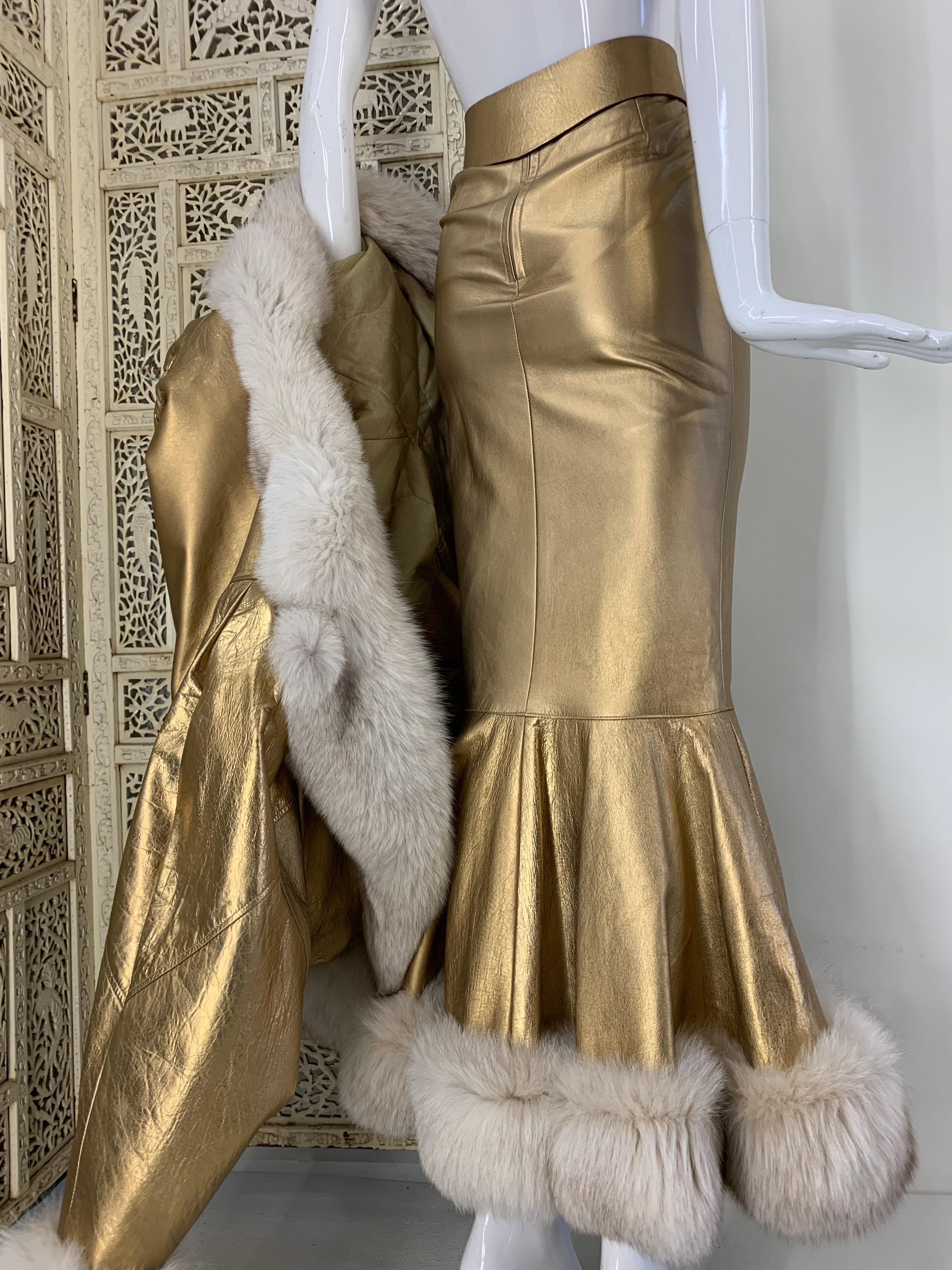 1980s Jitrois Matte Gold Leather Fishtail Skirt & Cocoon Coat Edged in Lush Fox  10