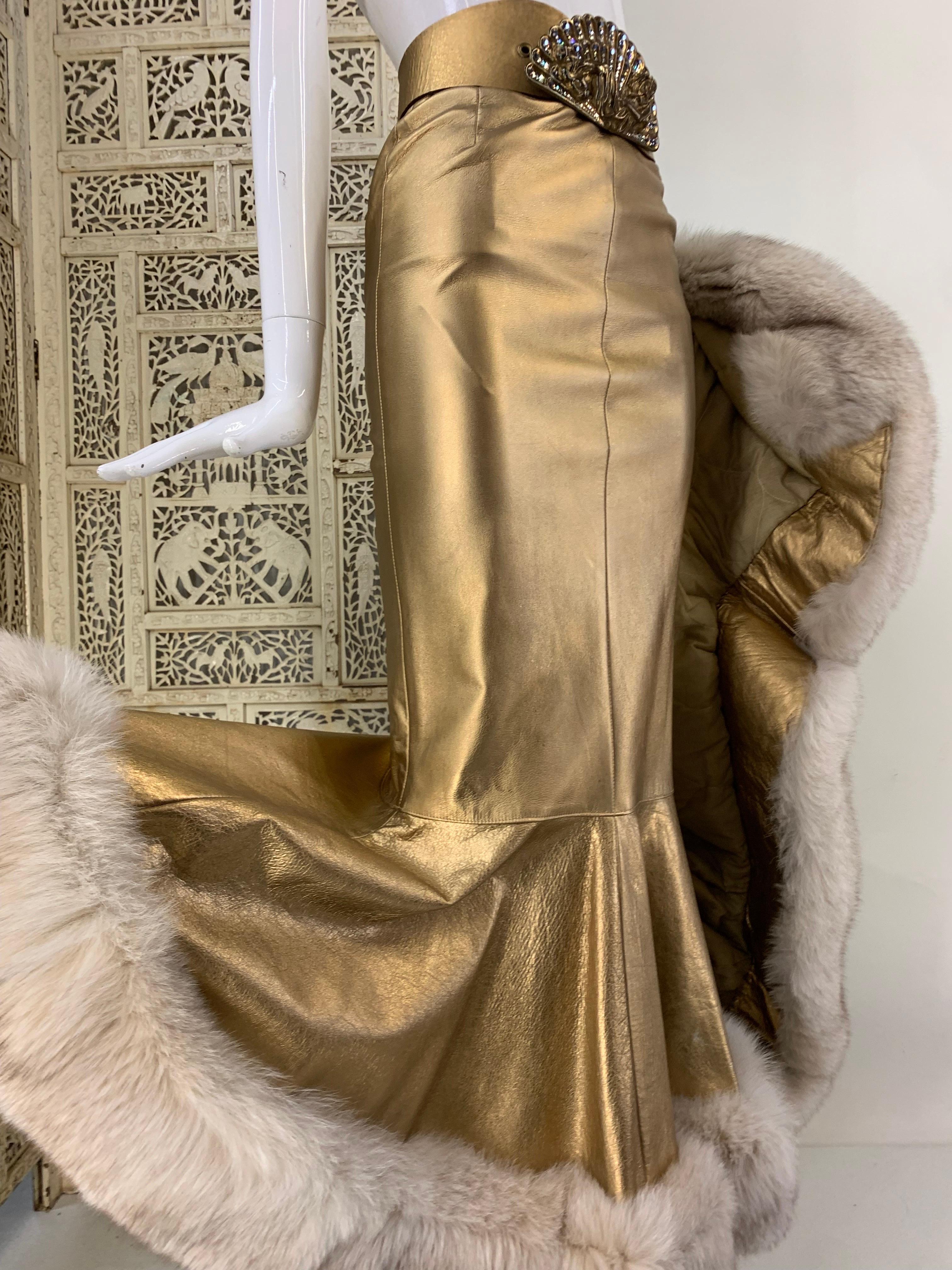 1980s Jitrois Matte Gold Leather Fishtail Skirt & Cocoon Coat Edged in Lush Fox  11