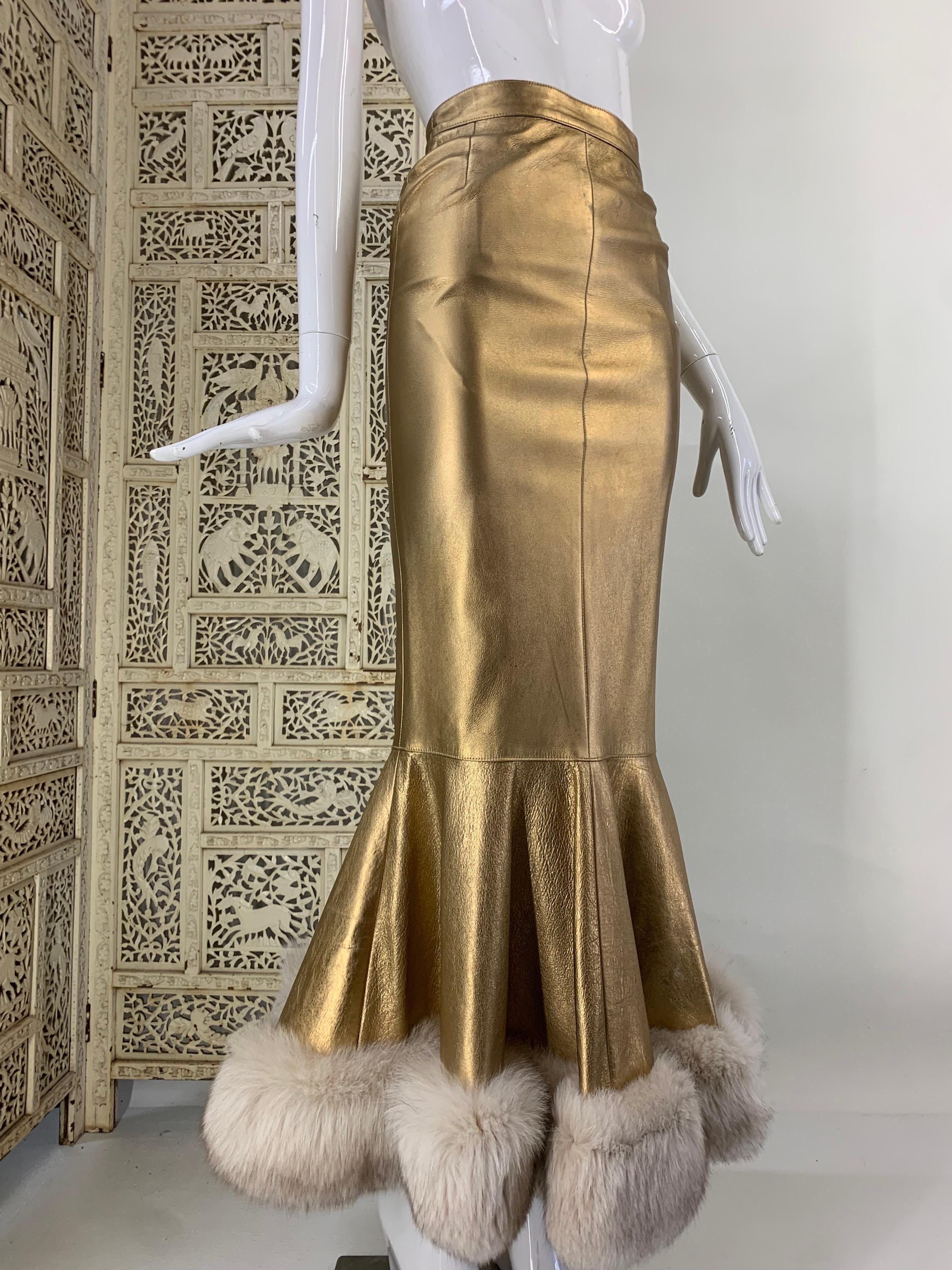 1980s Jitrois Matte Gold Leather Fishtail Skirt & Cocoon Coat Edged in Lush Fox  16