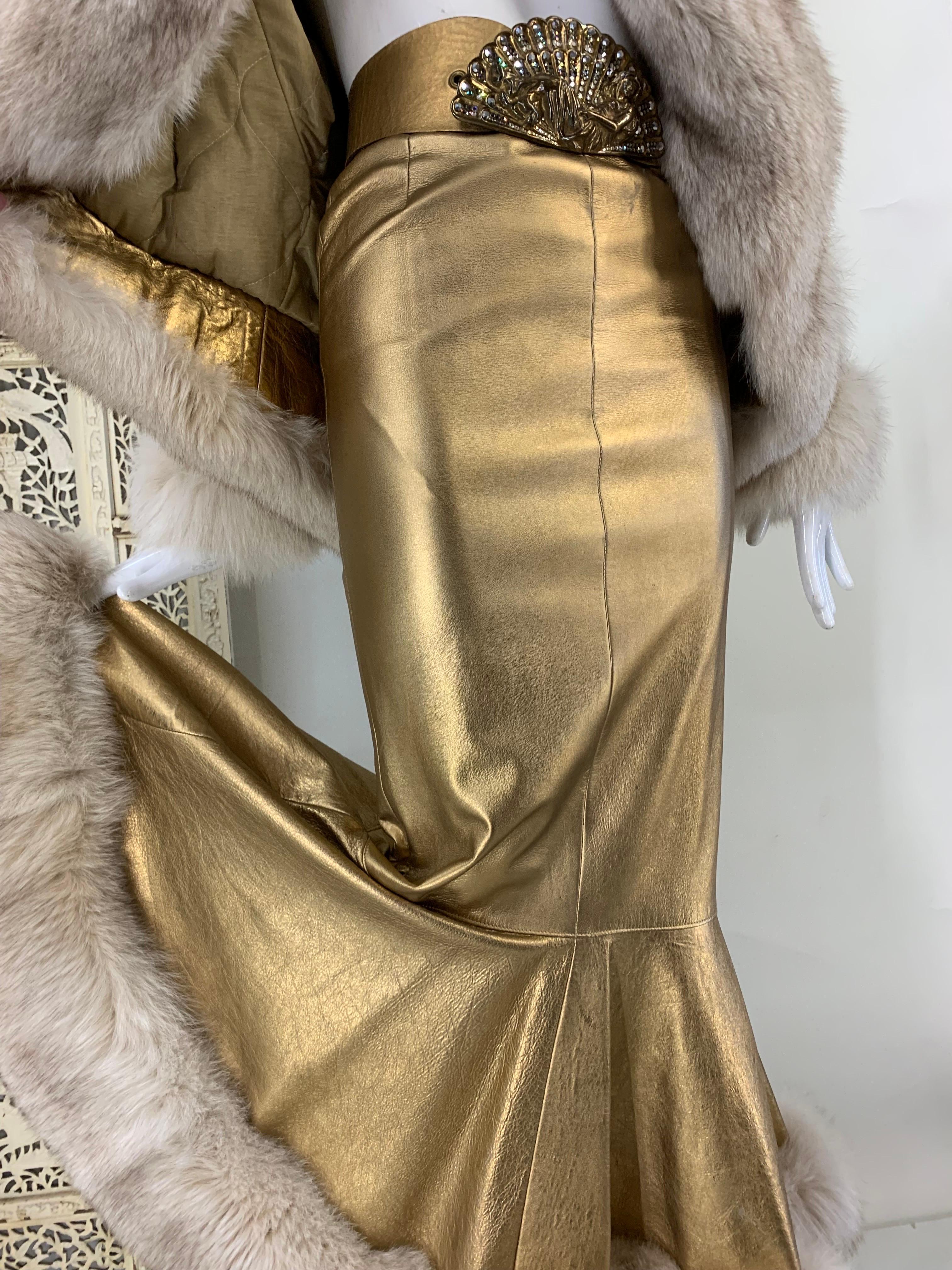 1980s Jitrois Matte Gold Leather Fishtail Skirt & Cocoon Coat Edged in Lush Fox  In Excellent Condition In Gresham, OR