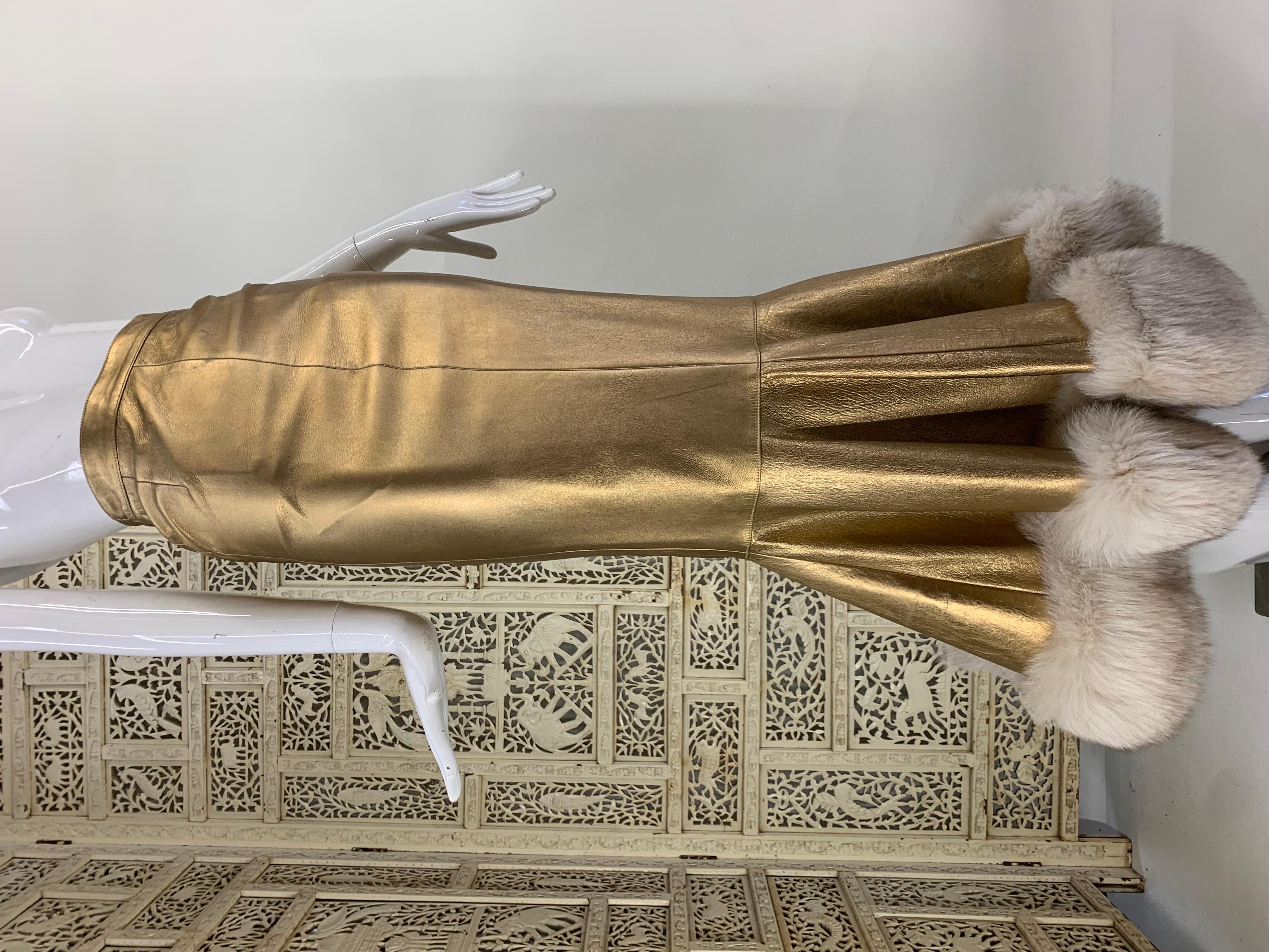 1980s Jitrois Matte Gold Leather Fishtail Skirt & Cocoon Coat Edged in Lush Fox  35