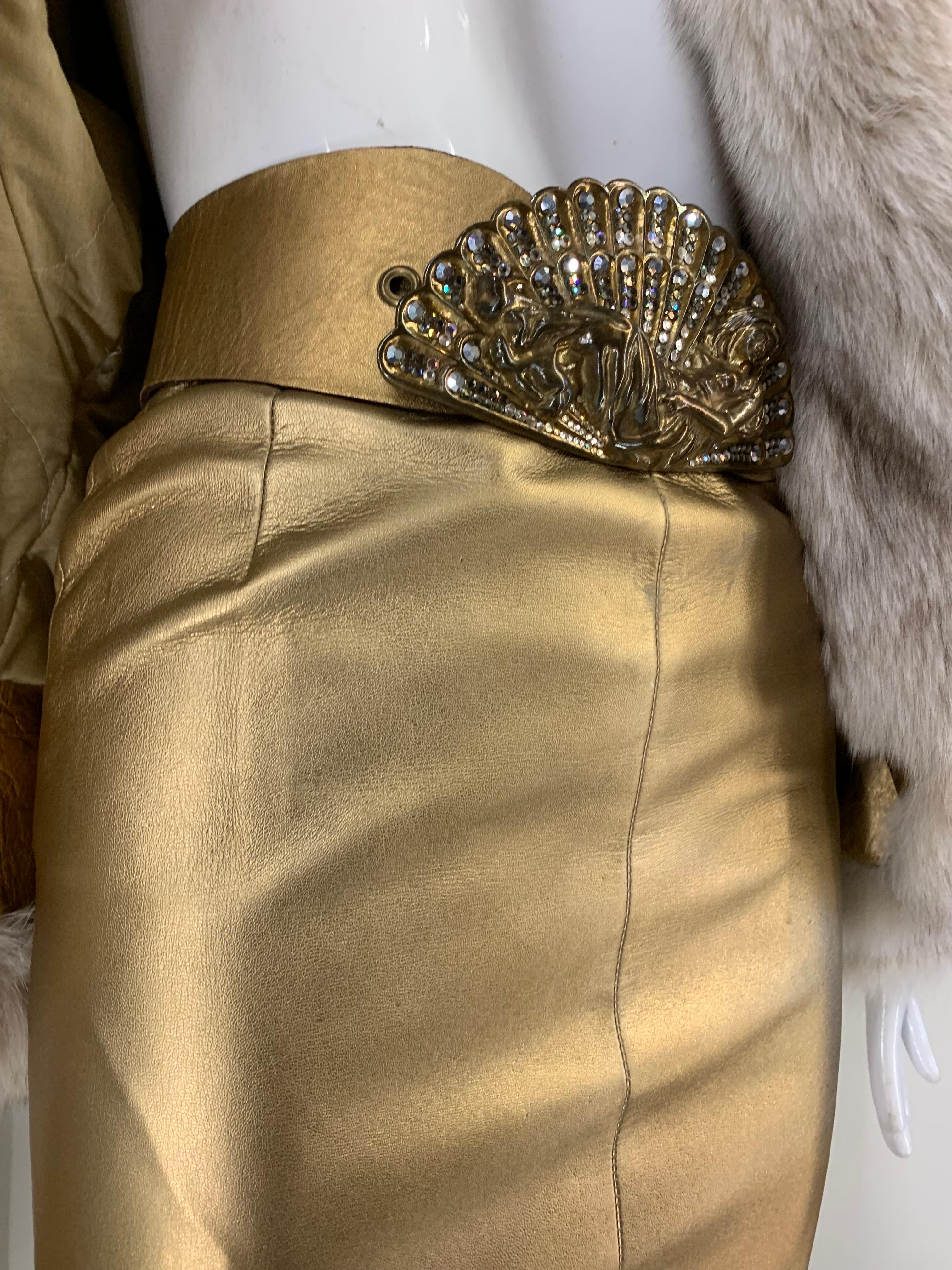 Women's 1980s Jitrois Matte Gold Leather Fishtail Skirt & Cocoon Coat Edged in Lush Fox 