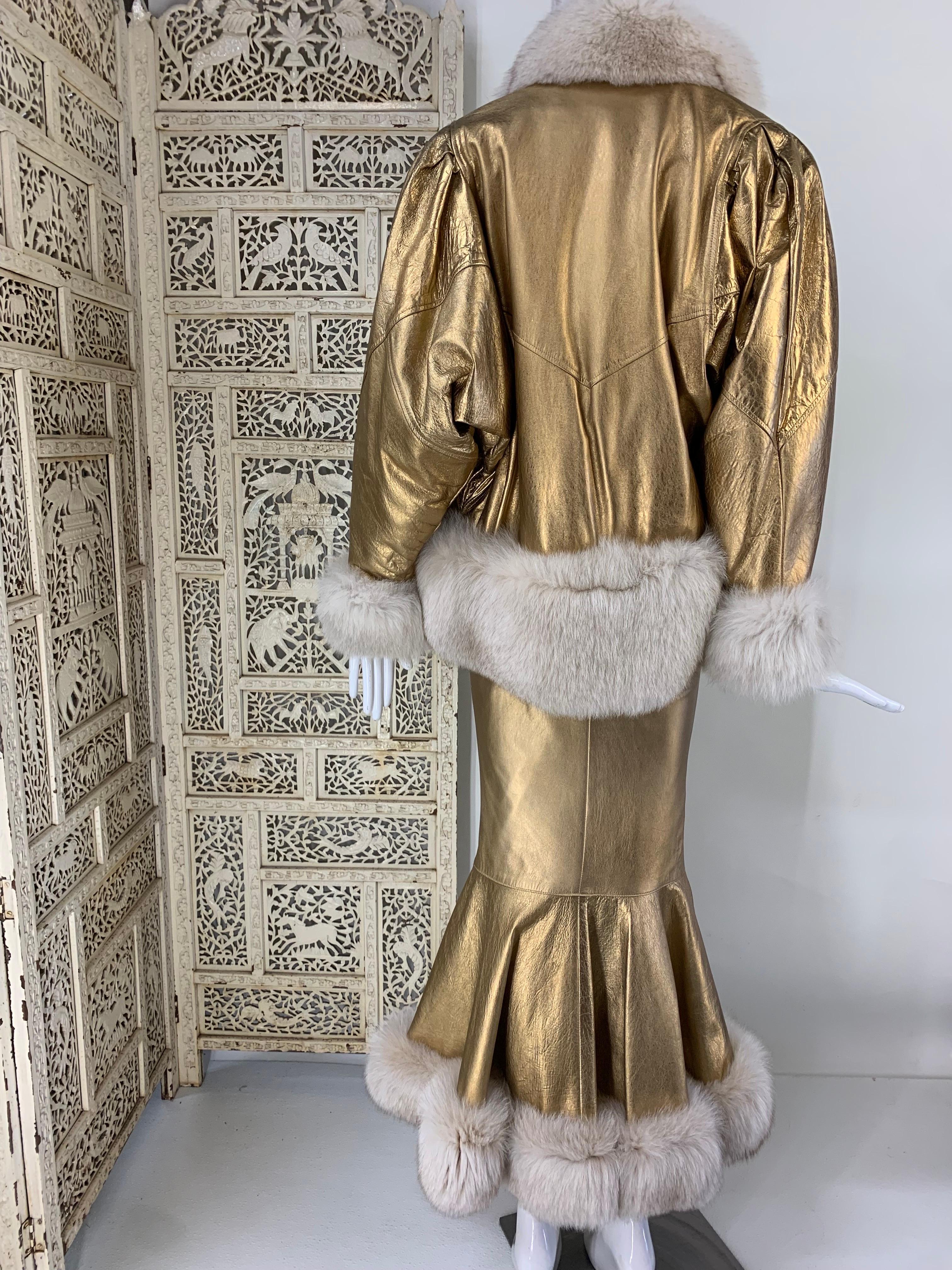 1980s Jitrois Matte Gold Leather Fishtail Skirt & Cocoon Coat Edged in Lush Fox  2