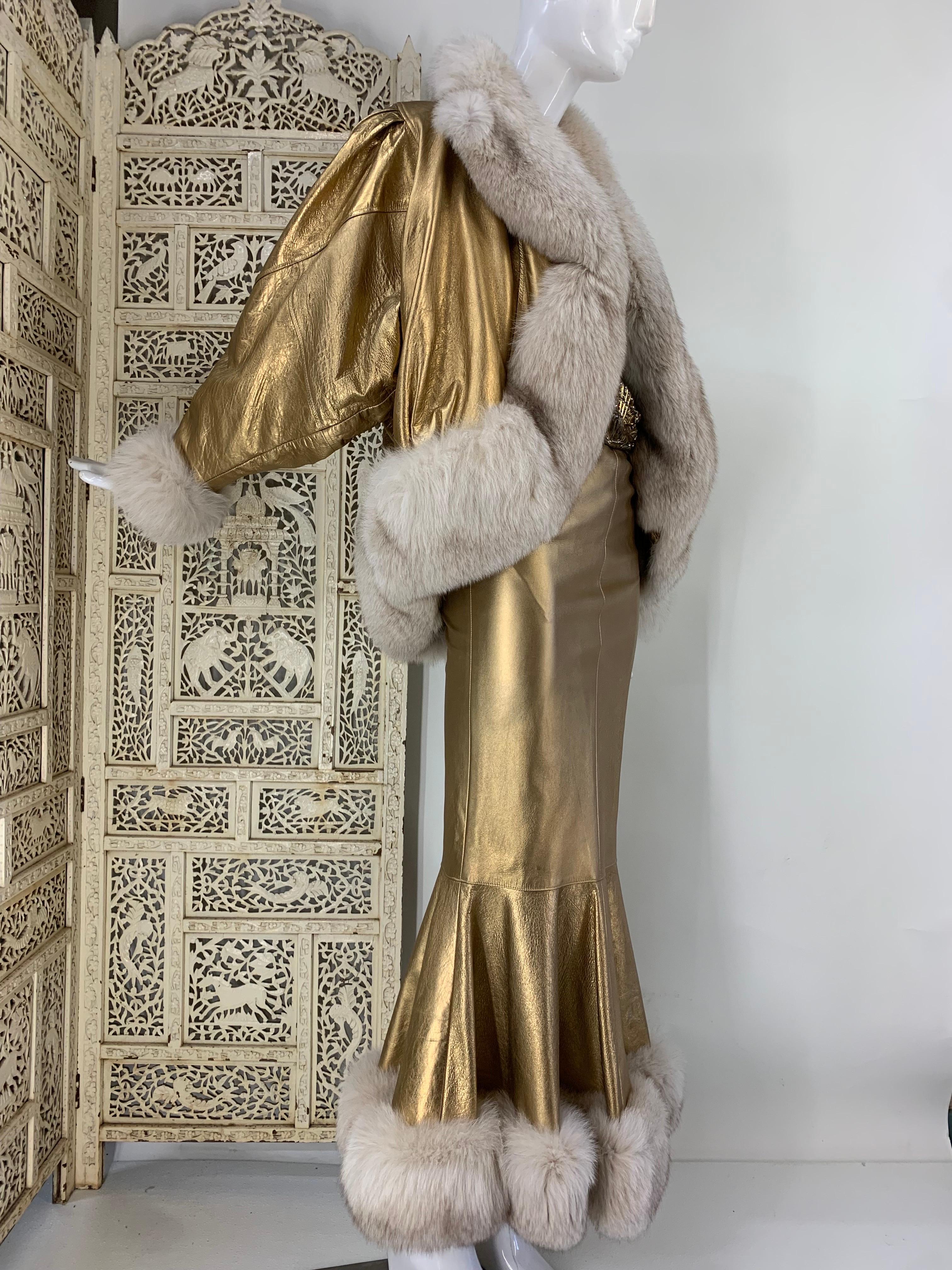 1980s Jitrois Matte Gold Leather Fishtail Skirt & Cocoon Coat Edged in Lush Fox  3