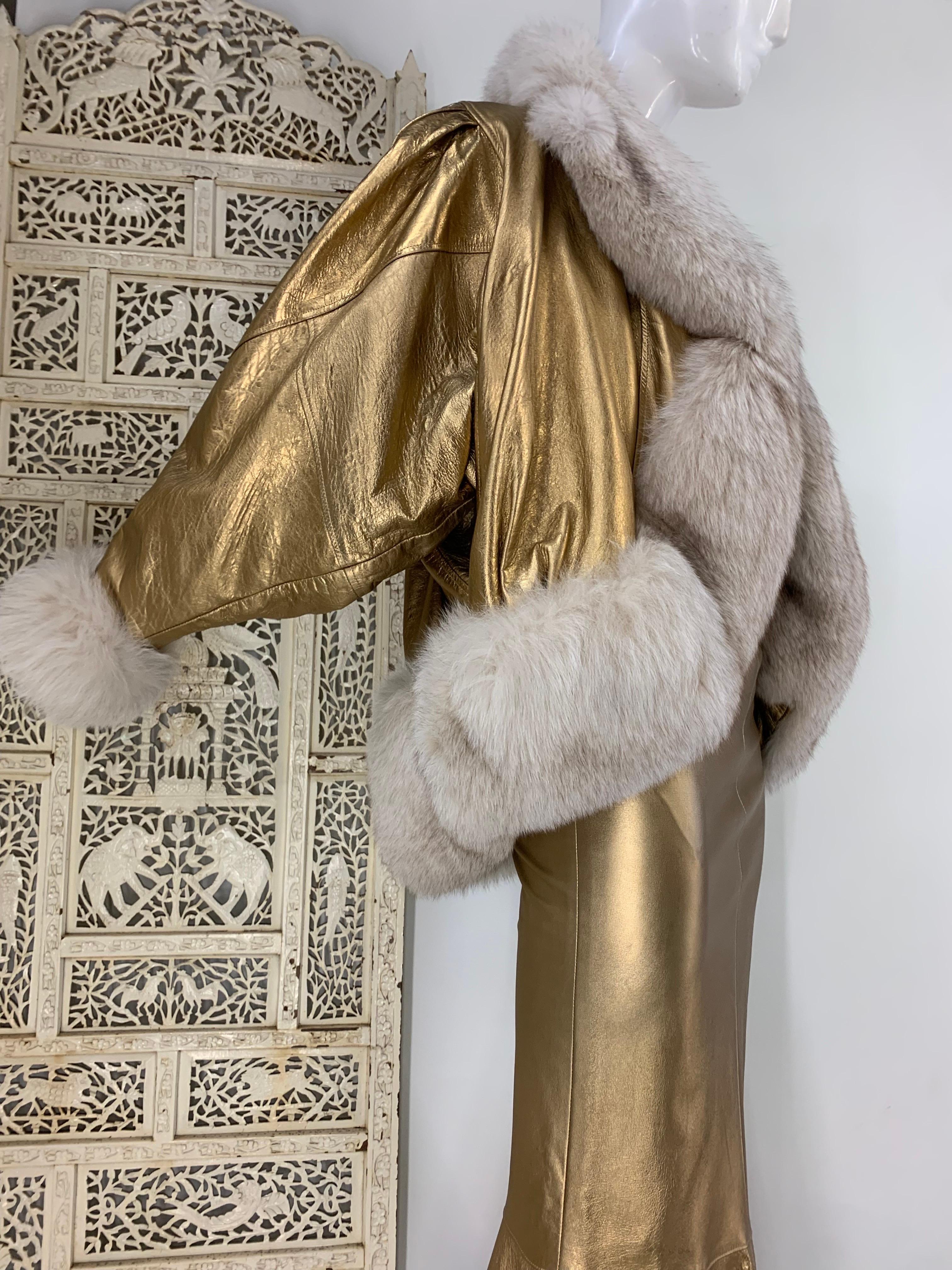 1980s Jitrois Matte Gold Leather Fishtail Skirt & Cocoon Coat Edged in Lush Fox  4