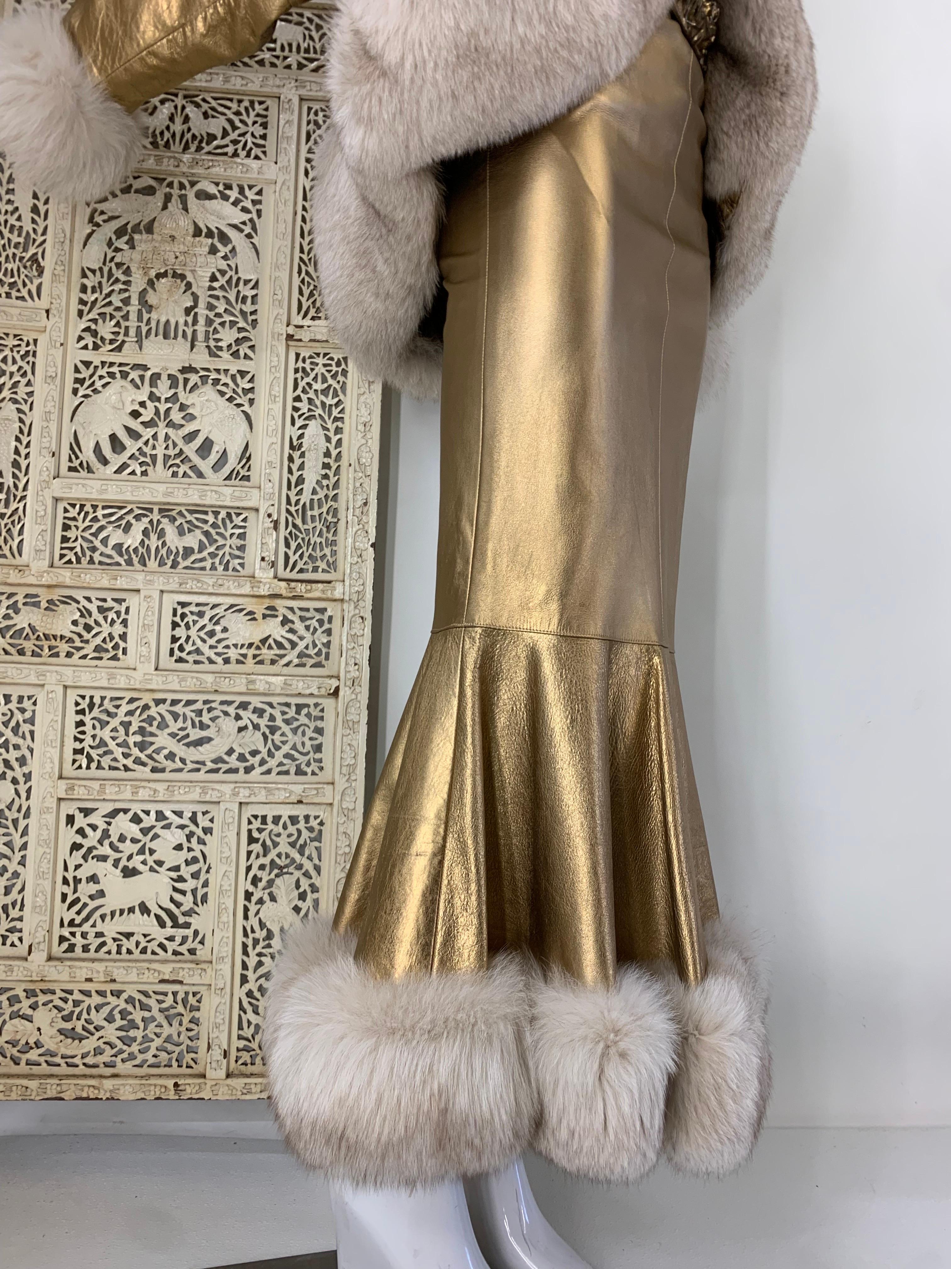 1980s Jitrois Matte Gold Leather Fishtail Skirt & Cocoon Coat Edged in Lush Fox  5