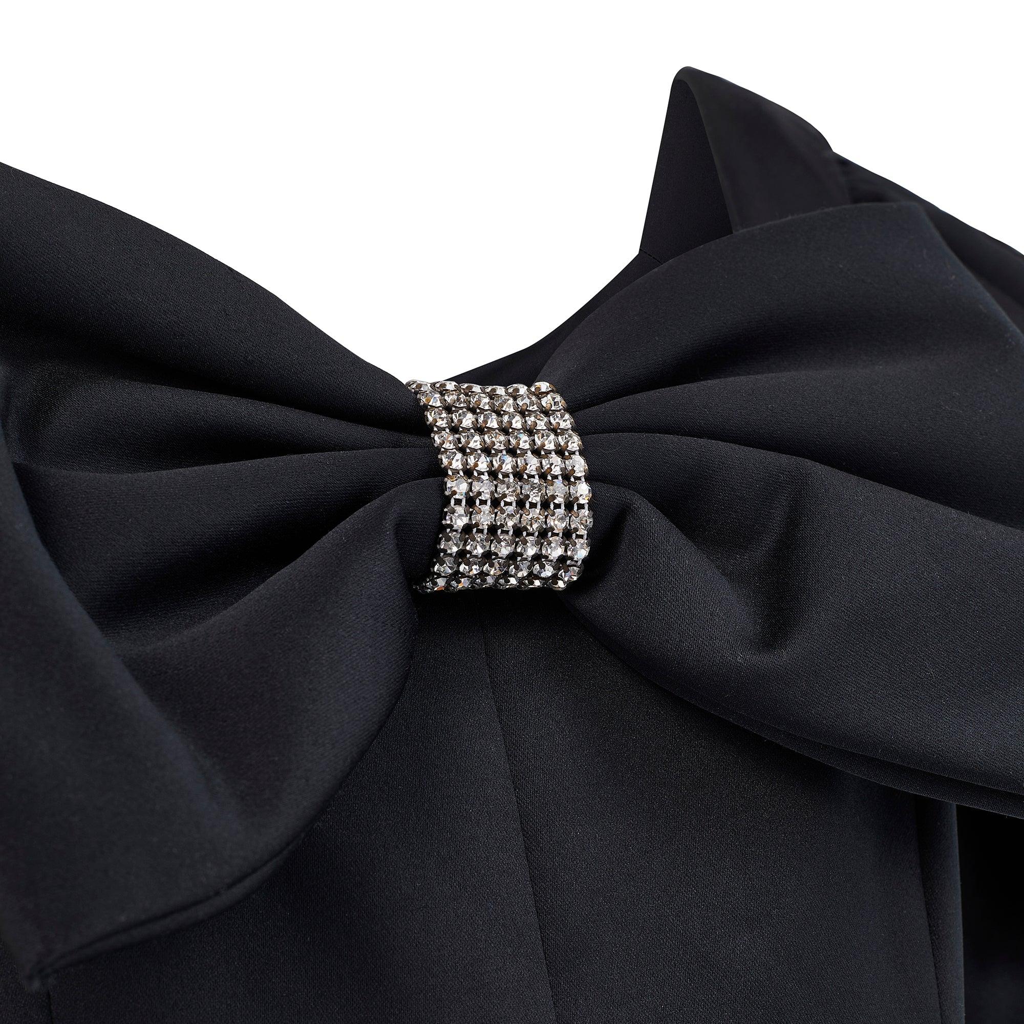 Women's 1980s Joan Leslie Black Satin Evening Dress with Large Bow For Sale