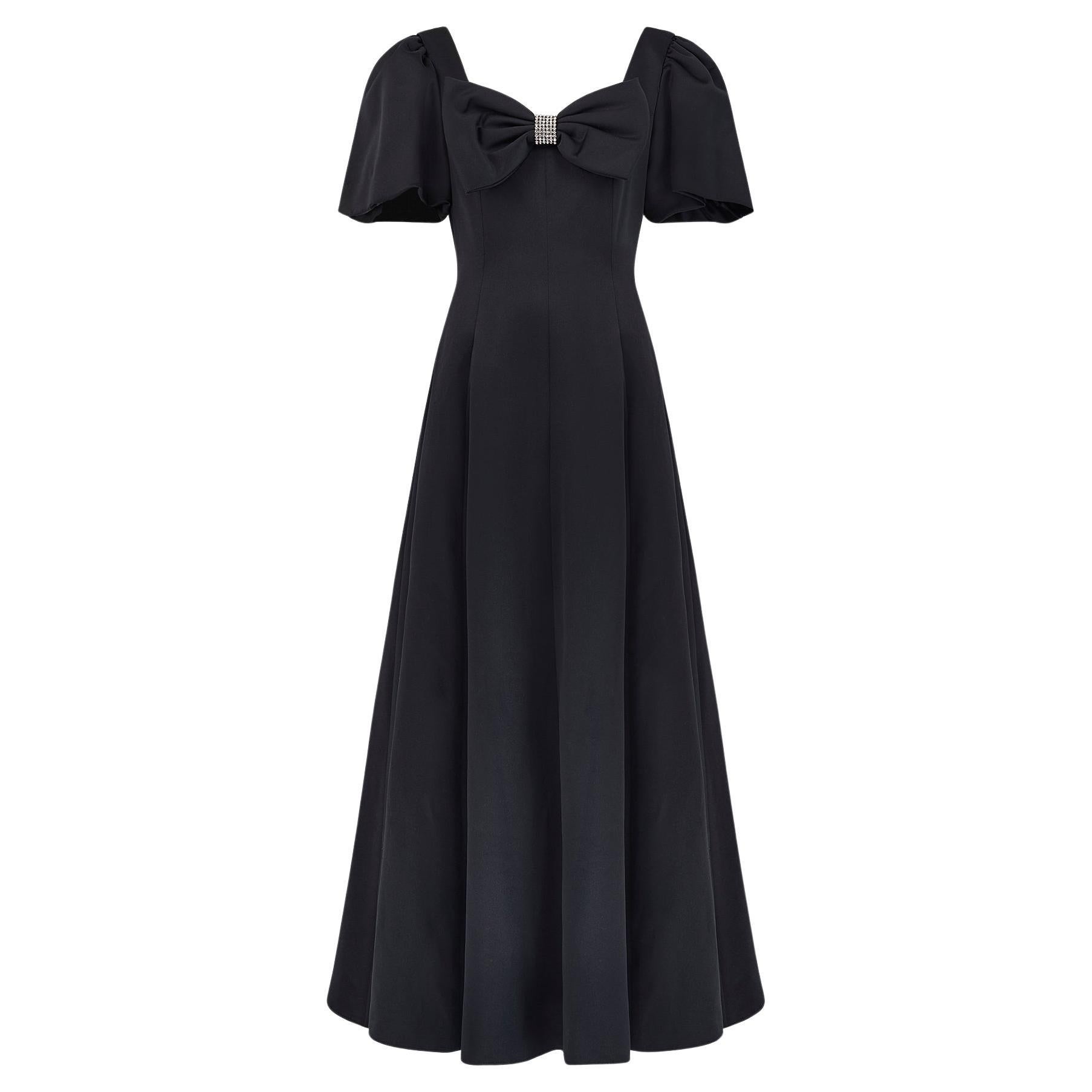 1980s Joan Leslie Black Satin Evening Dress with Large Bow For Sale