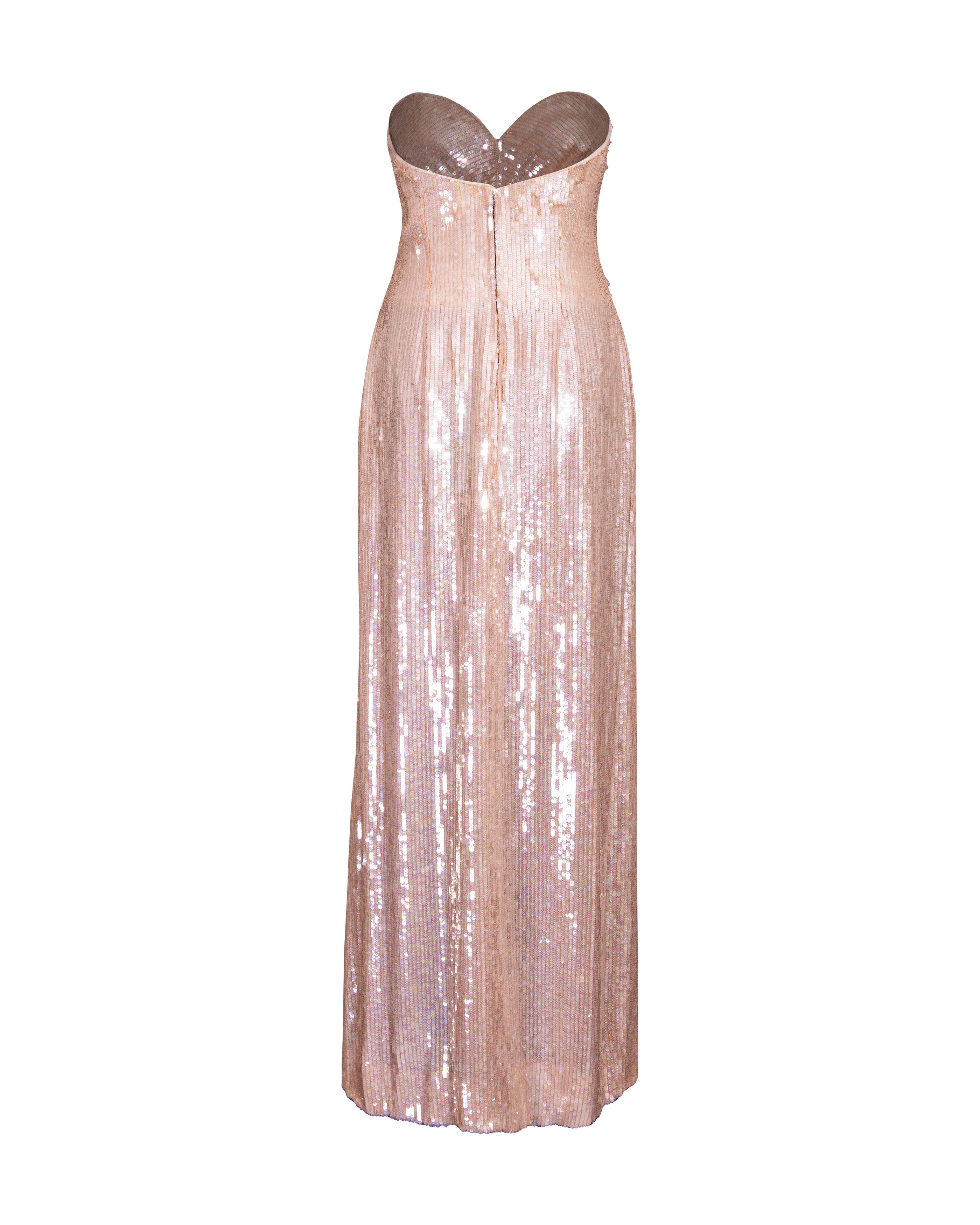 Women's 1980's John Anthony Peach Strapless Sequin Gown For Sale