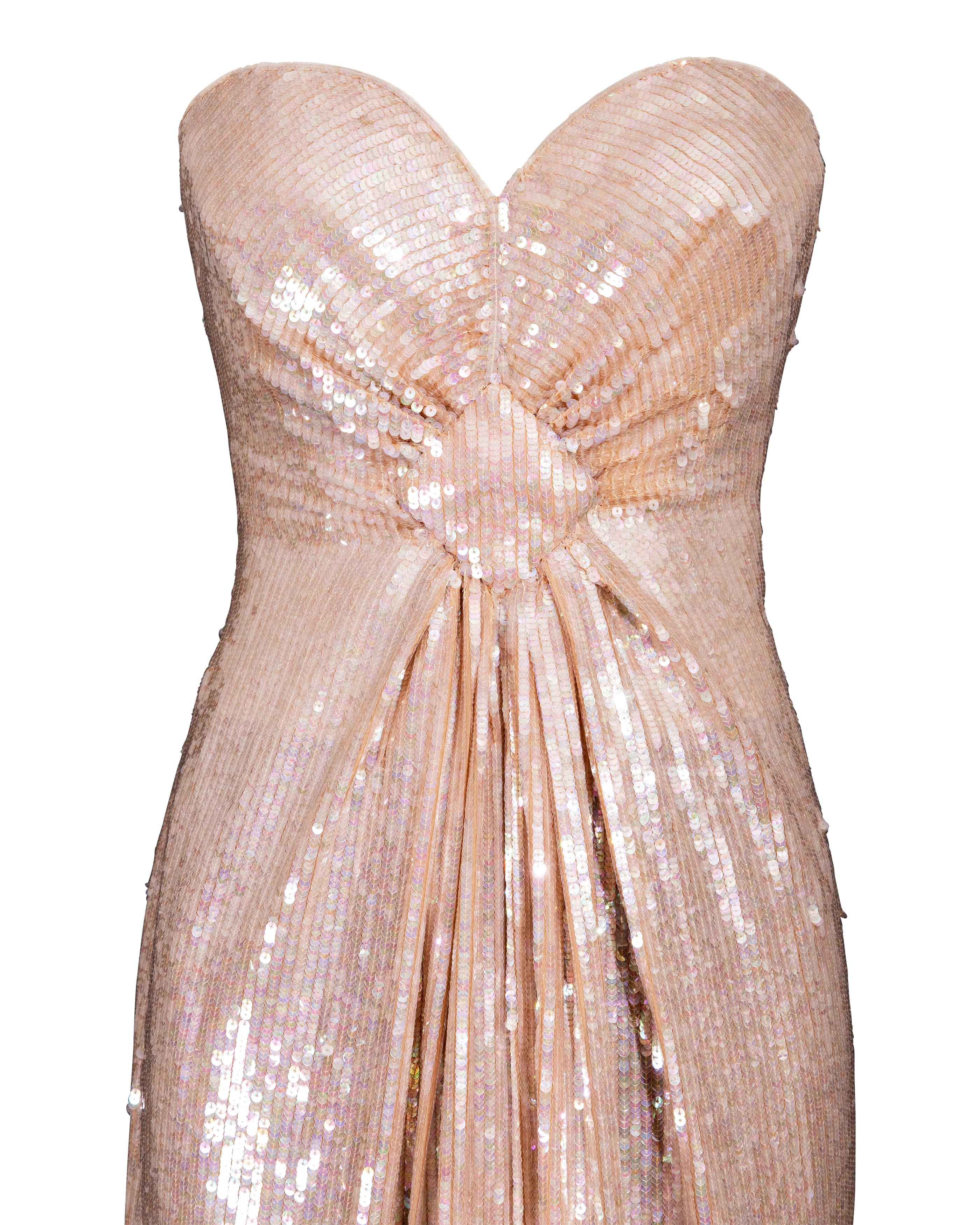 1980's John Anthony Peach Strapless Sequin Gown For Sale 1