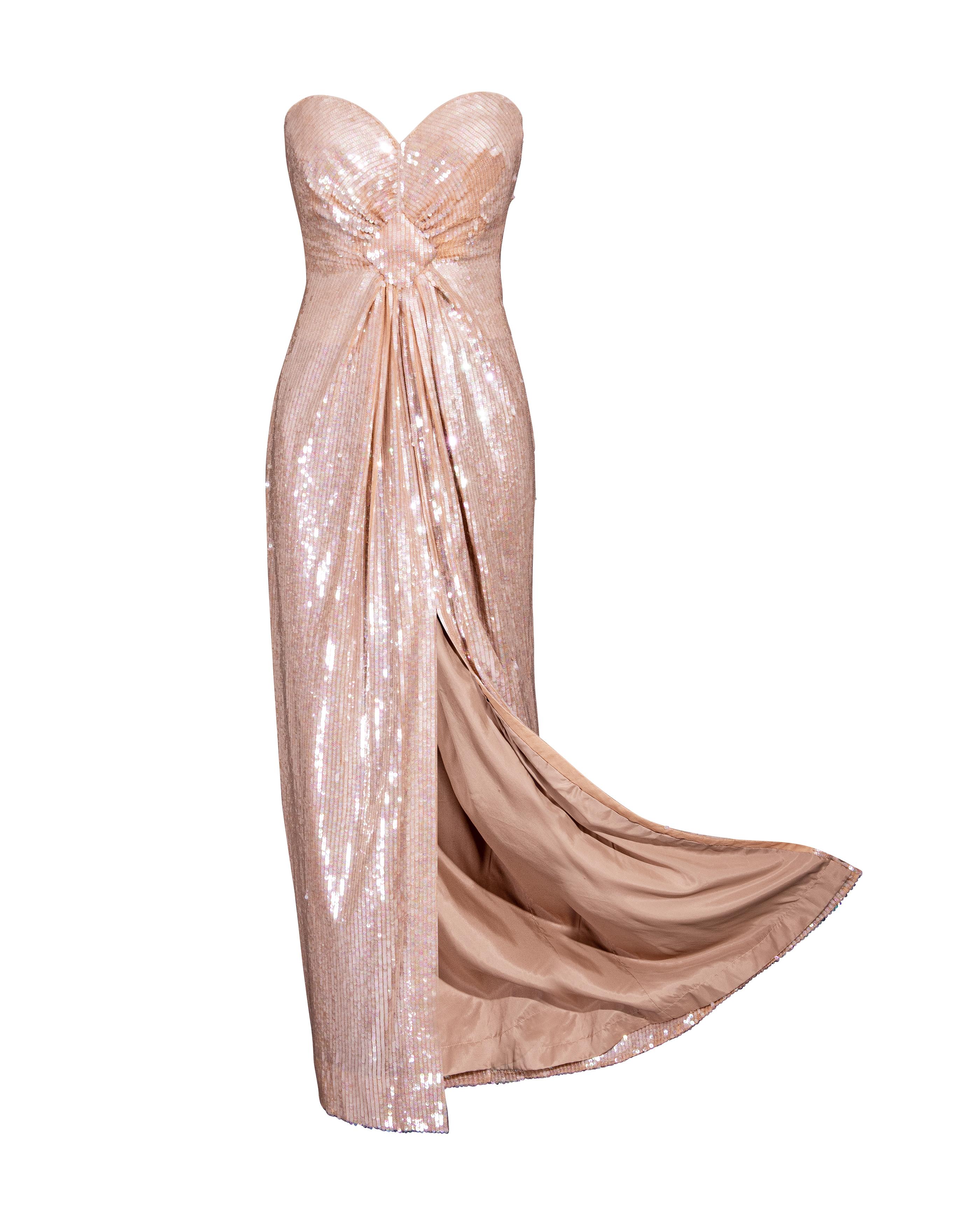 1980's John Anthony Peach Strapless Sequin Gown For Sale 3