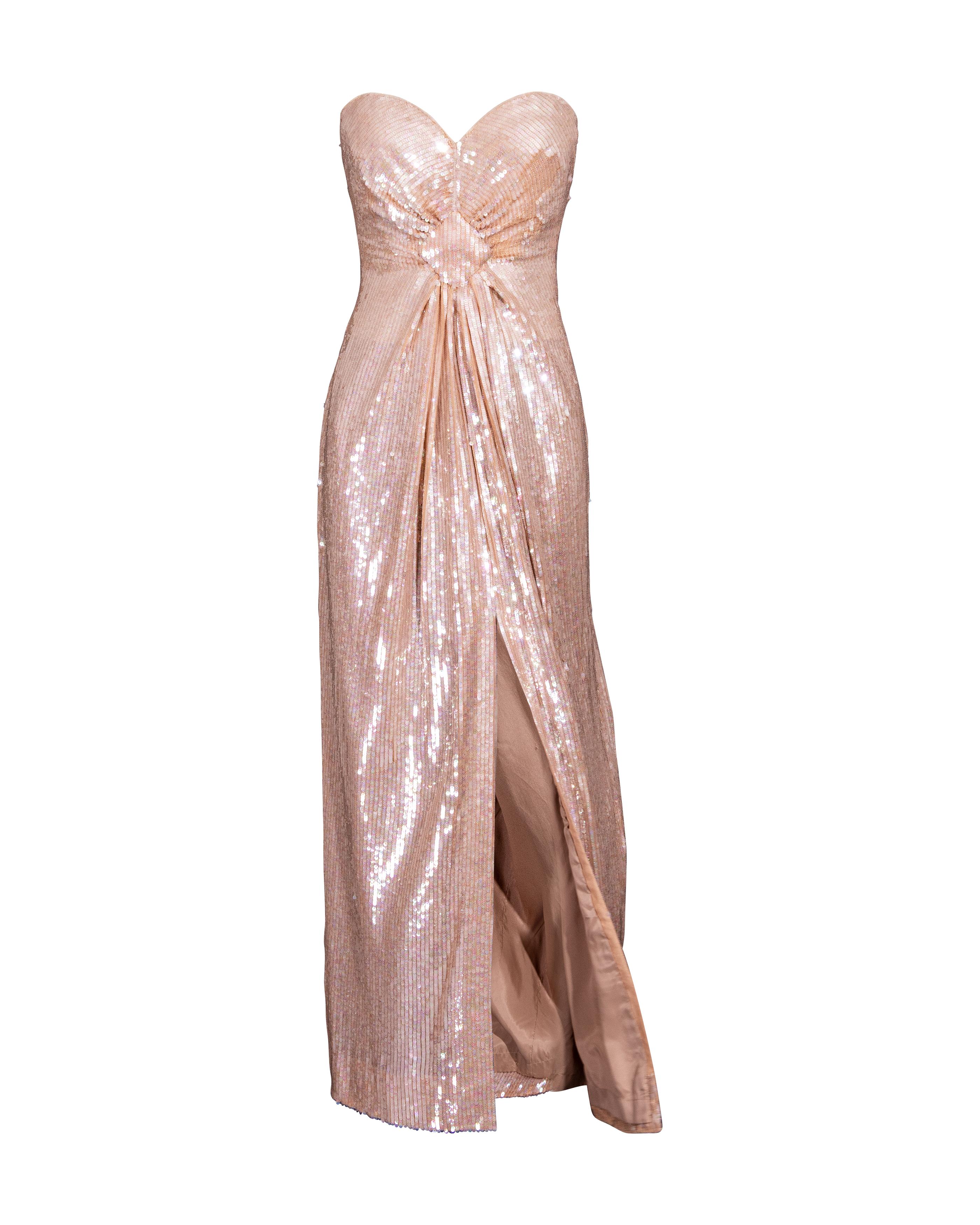 1980's John Anthony Peach Strapless Sequin Gown For Sale 4