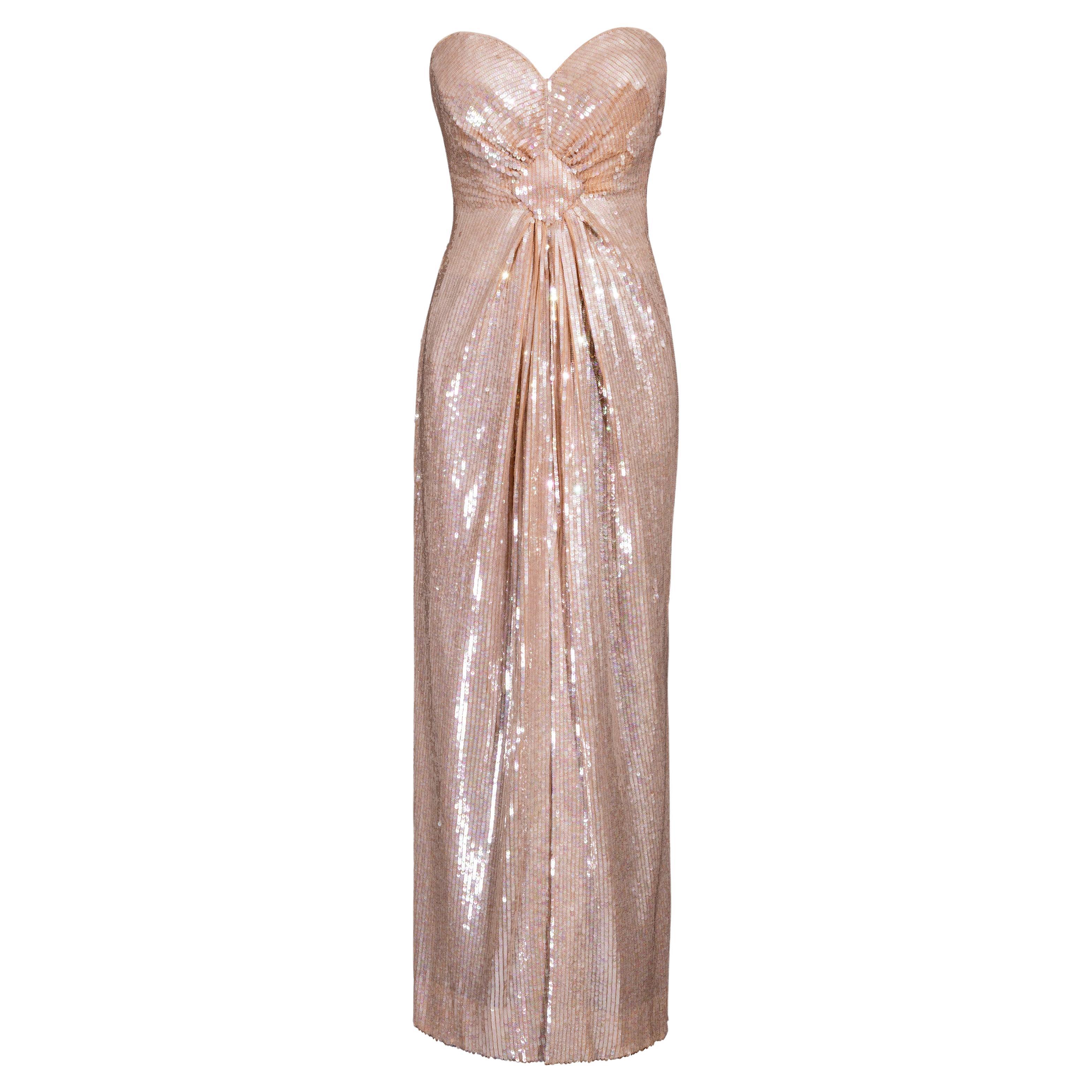 1980's John Anthony Peach Strapless Sequin Gown For Sale