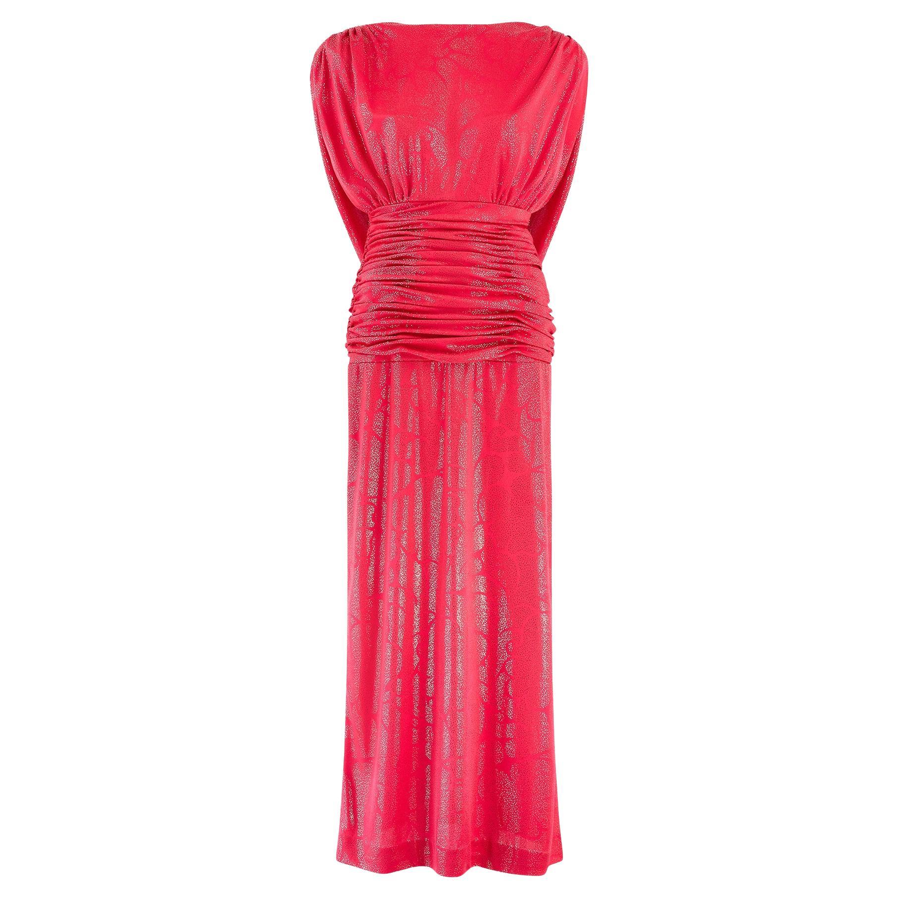 1980er John Charles Rotgoldenes, langes Maxikleid mit geraffter Taille im Angebot