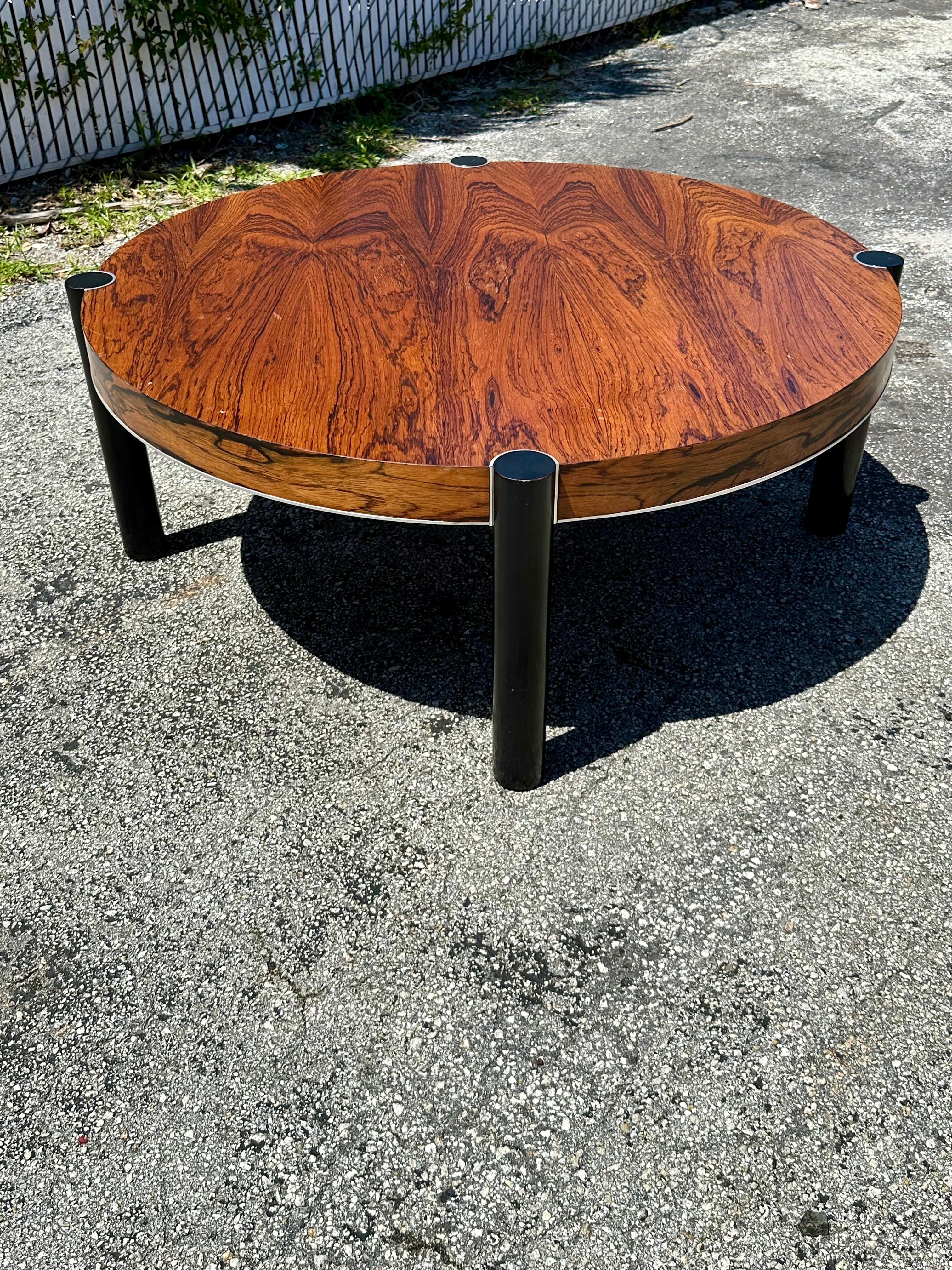 American 1980s John Stuart Rosewood Crome Circular Round Coffee Table For Sale