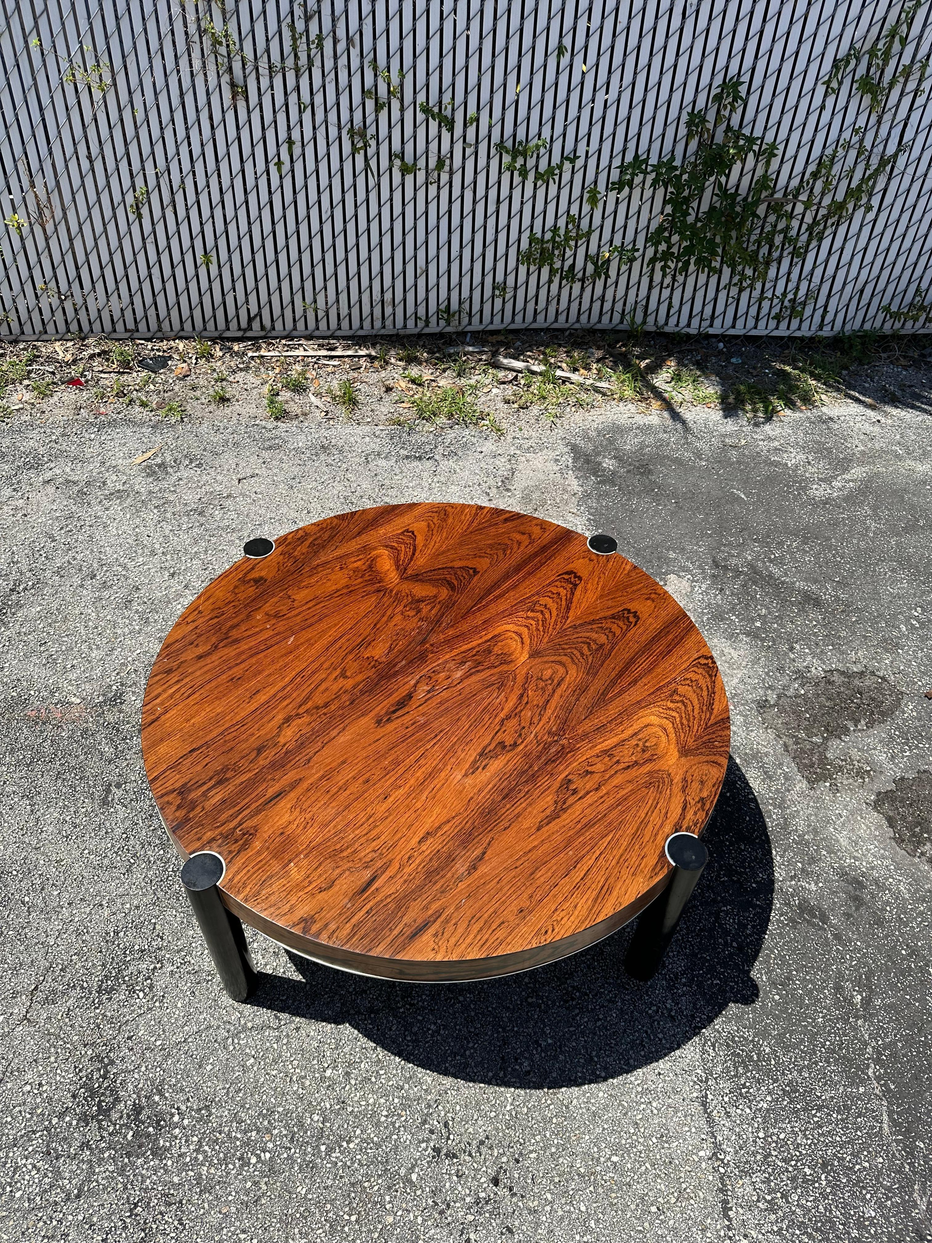 Chrome 1980s John Stuart Rosewood Crome Circular Round Coffee Table For Sale