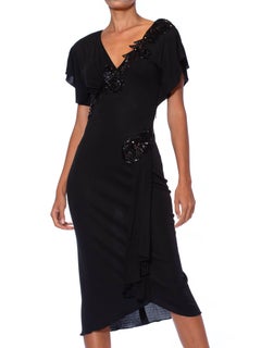 1980S JONATHAN HITCHCOCK Black Beaded Rayon Blend Jersey 1940S Style Sexy Drape