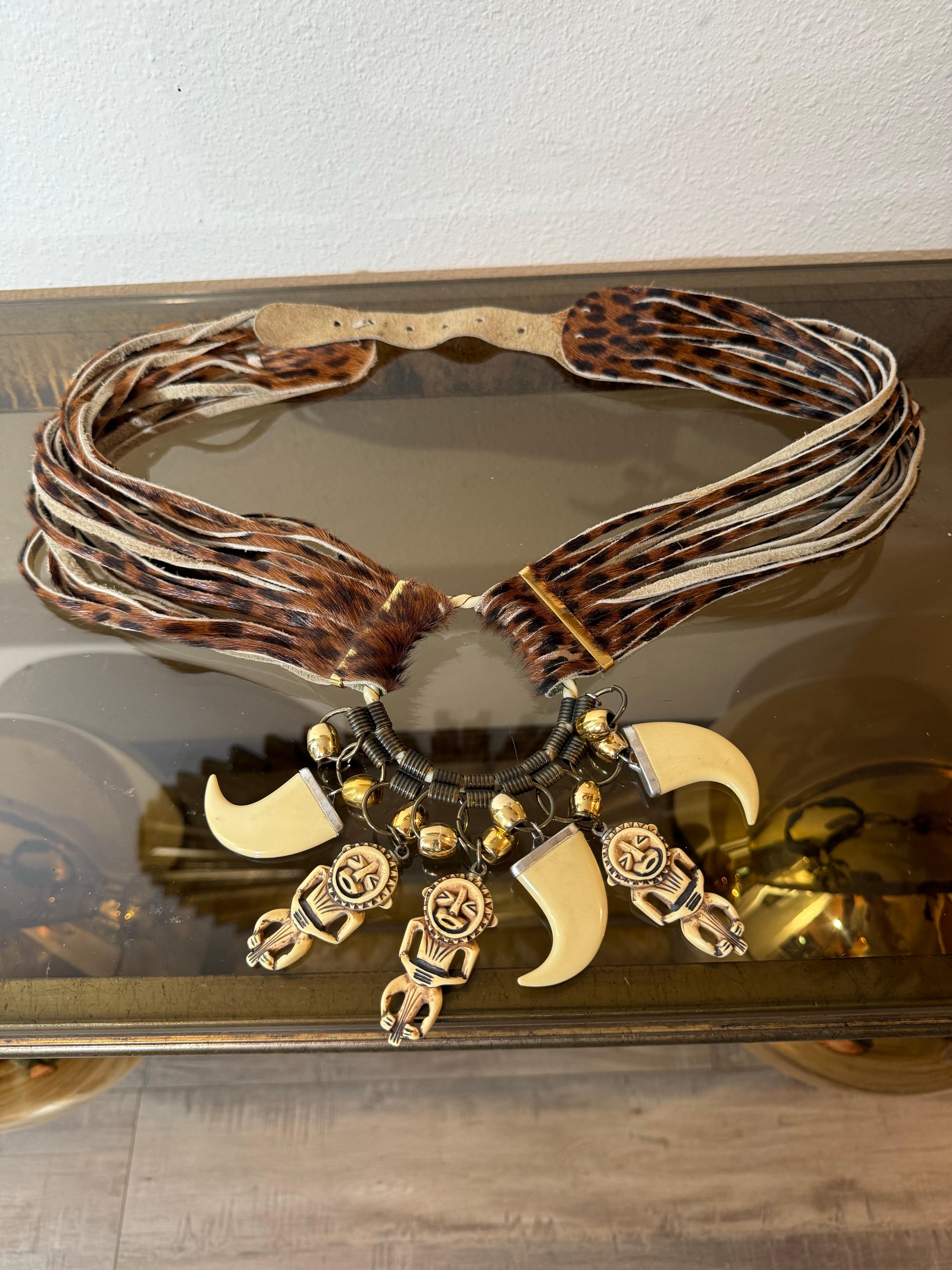 Beige 1980s Jose Cotel Leopard Print Cowhide Belt w Resin Bear Claw & Native Charms For Sale