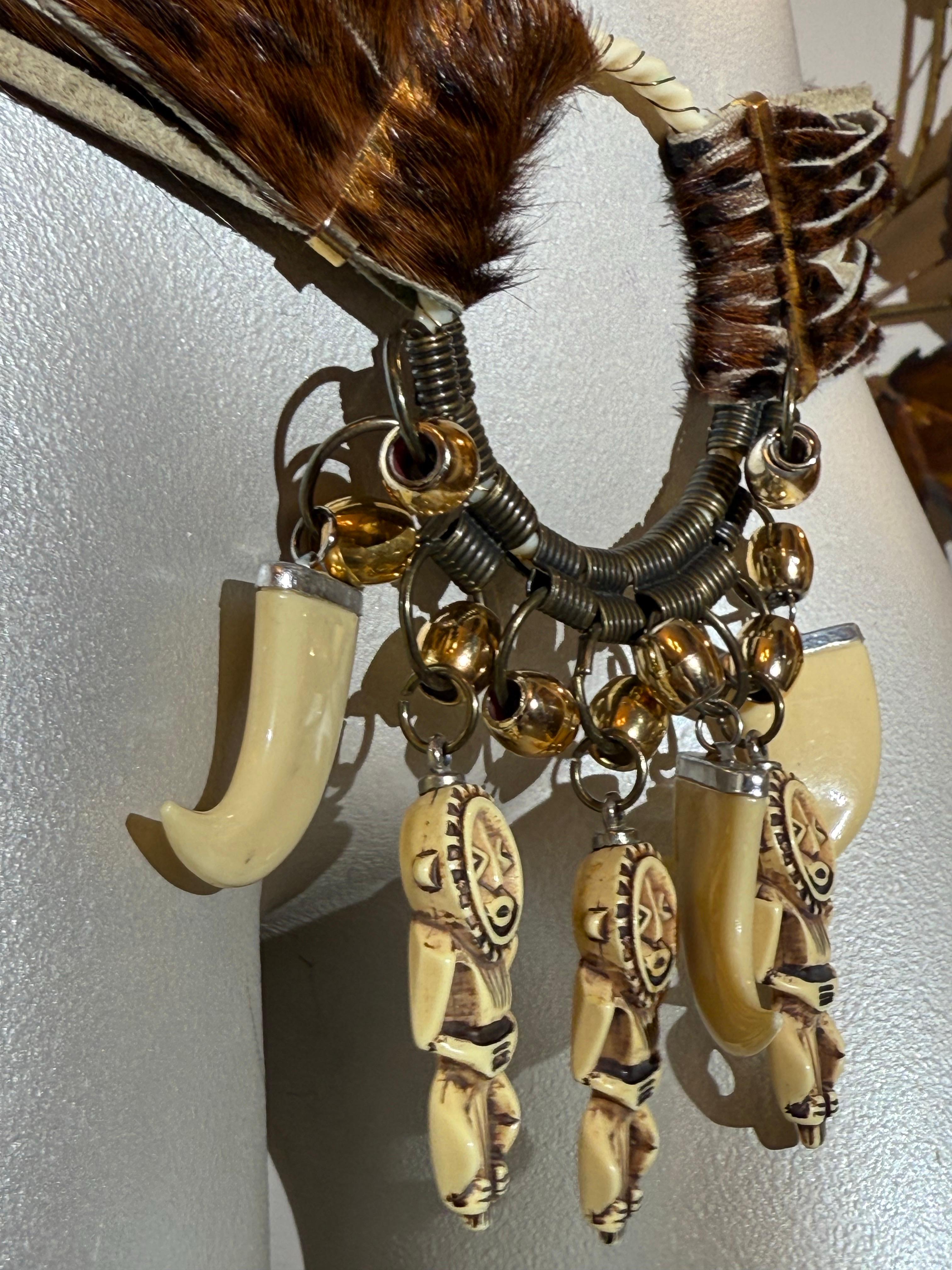 1980s Jose Cotel Leopard Print Cowhide Belt w Resin Bear Claw & Native Charms For Sale 1