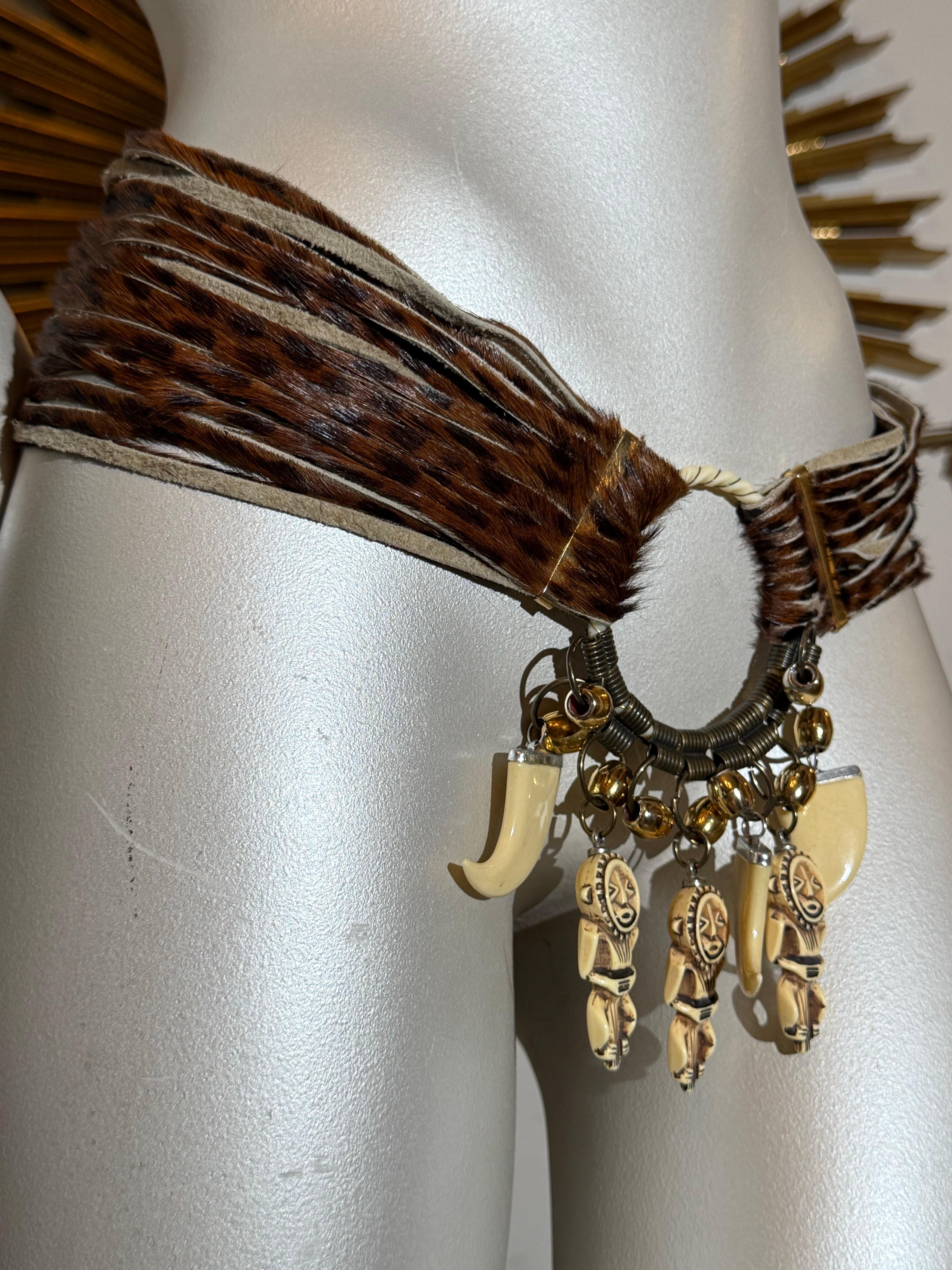 1980s Jose Cotel Leopard Print Cowhide Belt w Resin Bear Claw & Native Charms For Sale 2