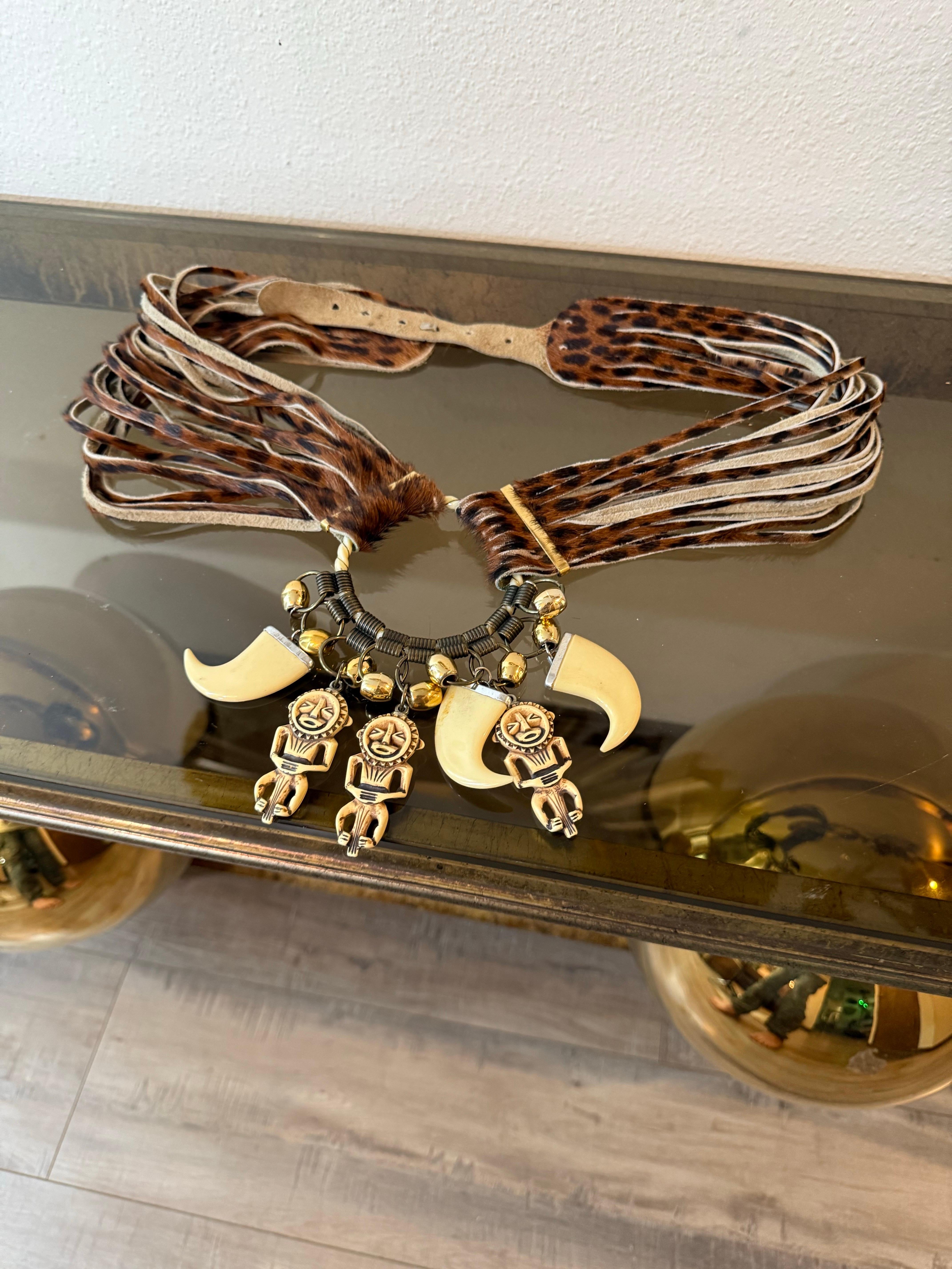 1980s Jose Cotel Leopard Print Cowhide Belt w Resin Bear Claw & Native Charms For Sale 3