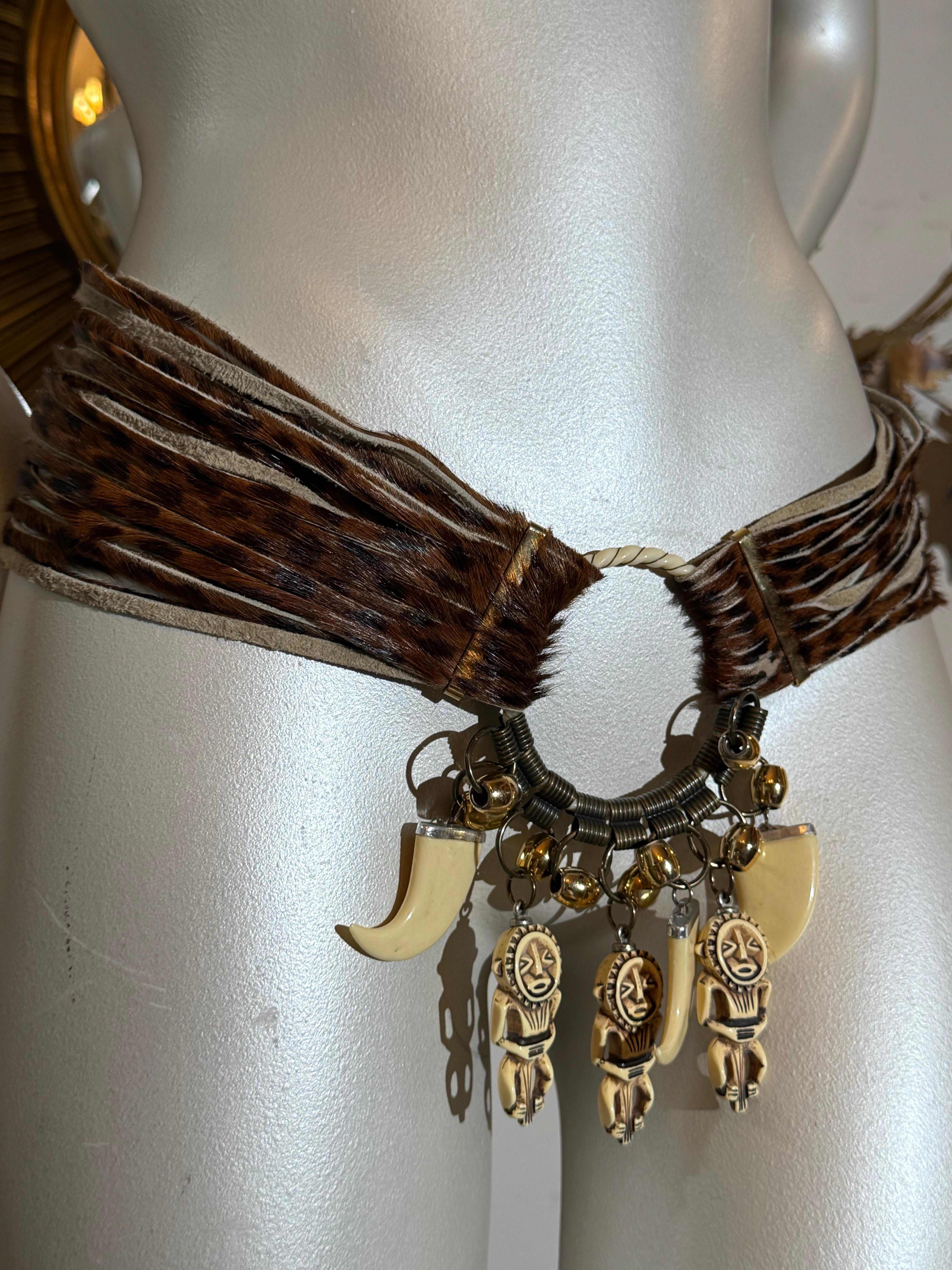 1980s Jose Cotel Leopard Print Cowhide Belt w Resin Bear Claw & Native Charms For Sale 4