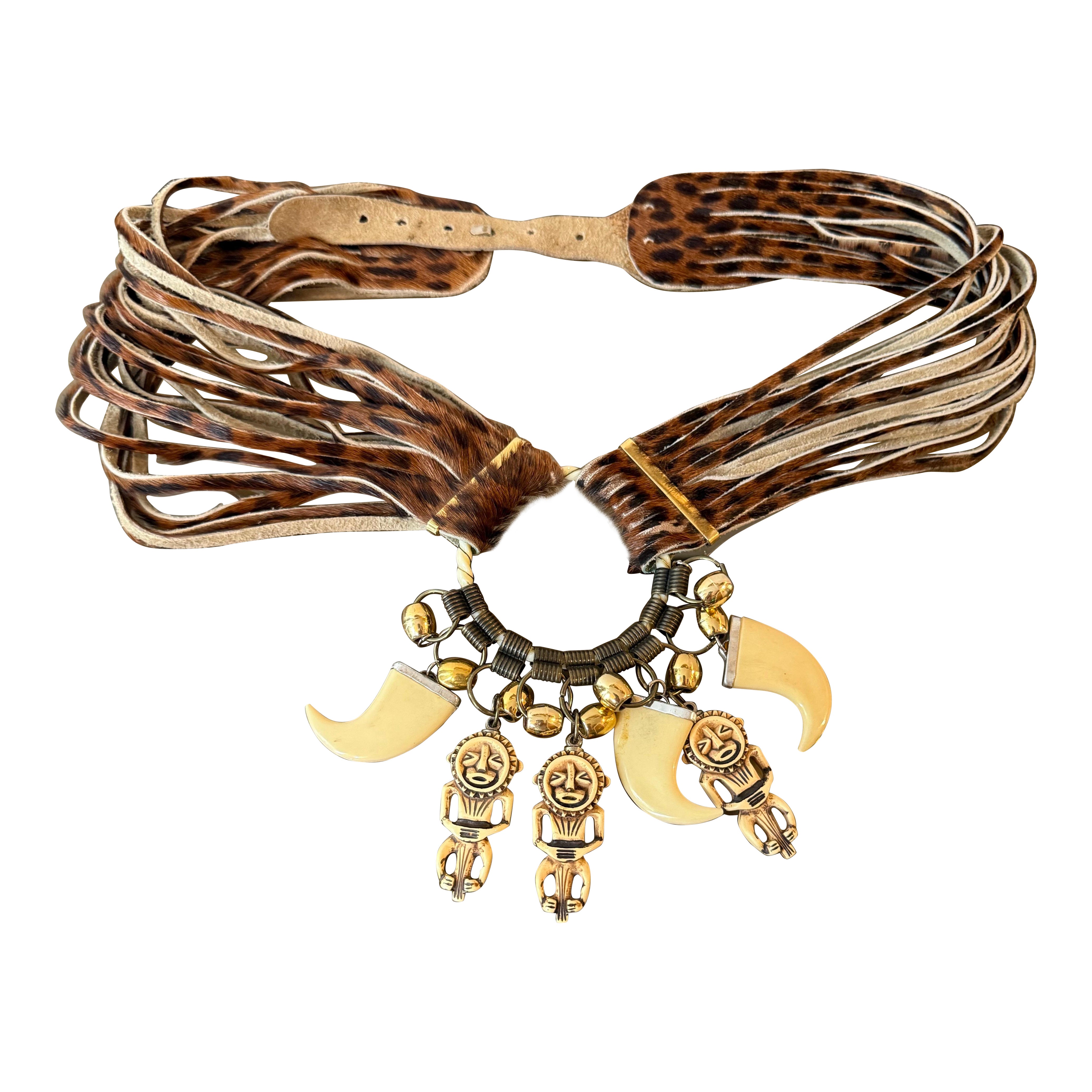 1980s Jose Cotel Leopard Print Cowhide Belt w Resin Bear Claw & Native Charms For Sale