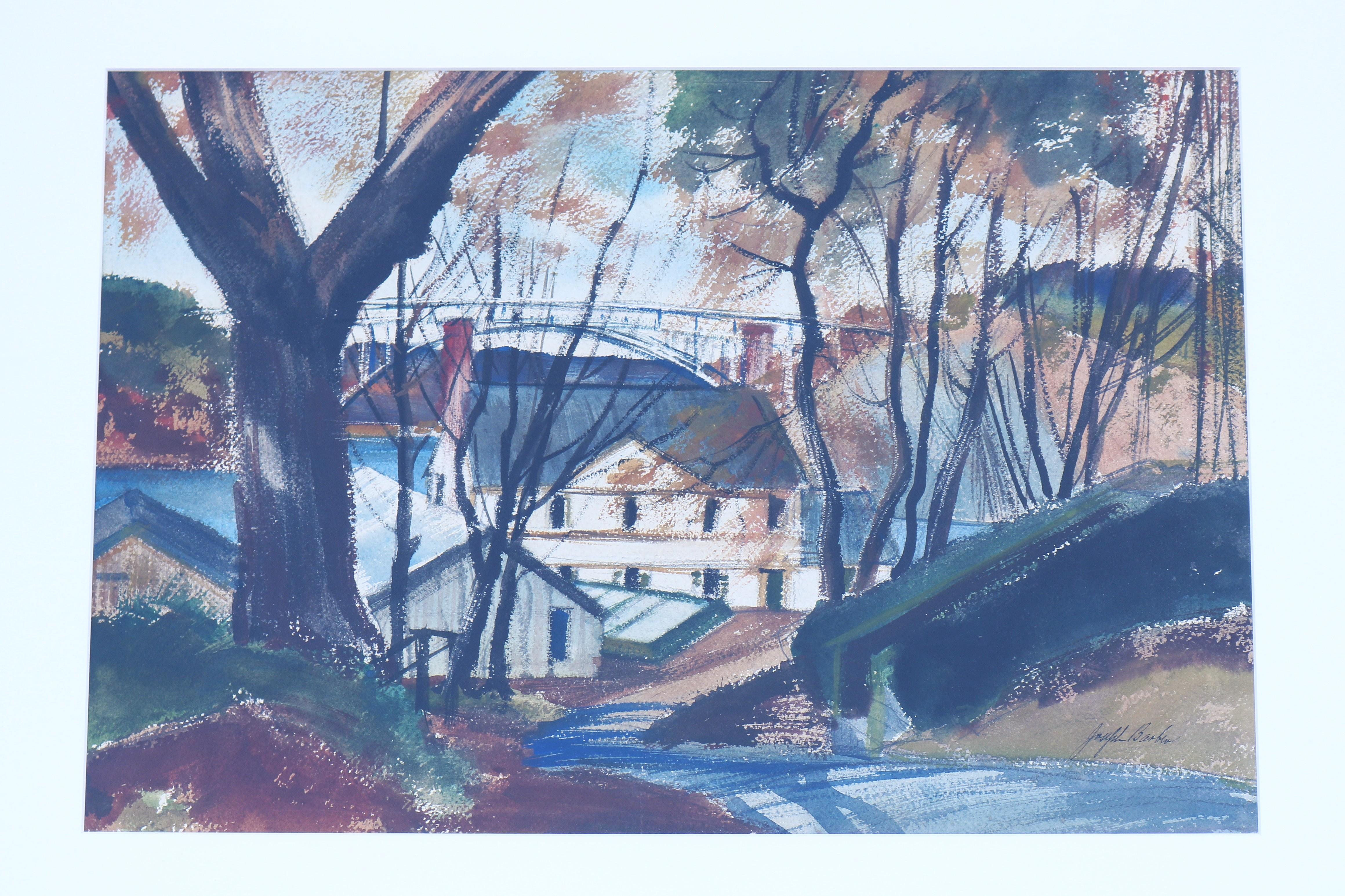 Classique américain Peinture de paysage au pastel et à l'aquarelle des années 1980 signée par Joseph Barber, encadrée en vente