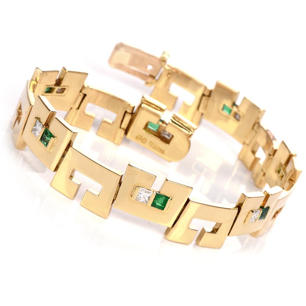 This enchanting high quality unisex bracelet is hand crafted in 18k yellow gold. It features high polish  designs adorned with 7 genuine square-cut emeralds weighing approx. 1.00 carats and 7 genuine square cut diamonds approx: 1.00 carats, G-H