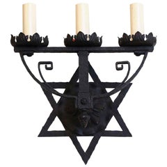 1980s Judaica Star of David Wrought Iron Three-Light Candlestick Sconce